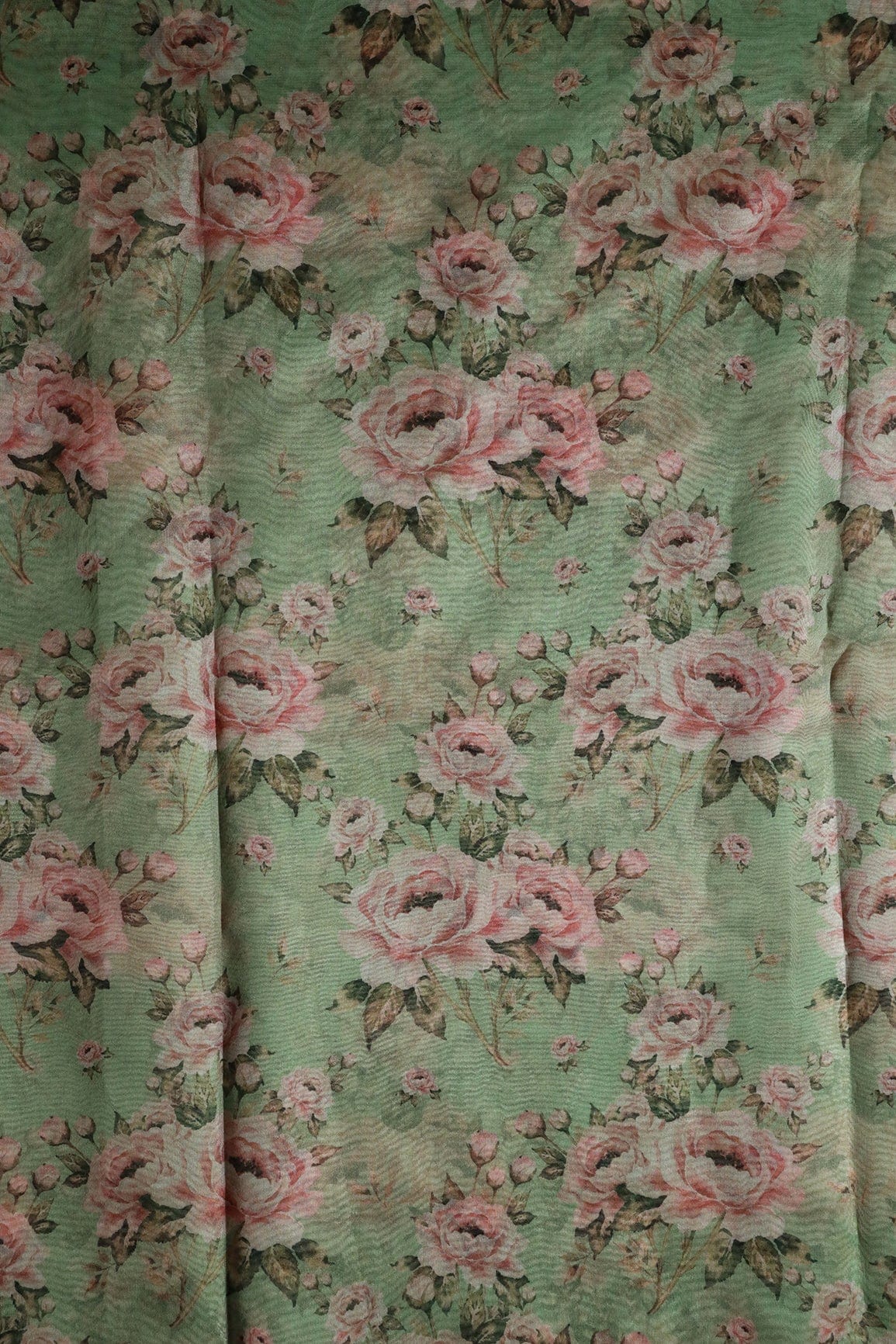 Peach Floral Digital Print On Parrot Green Organza Fabric - doeraa