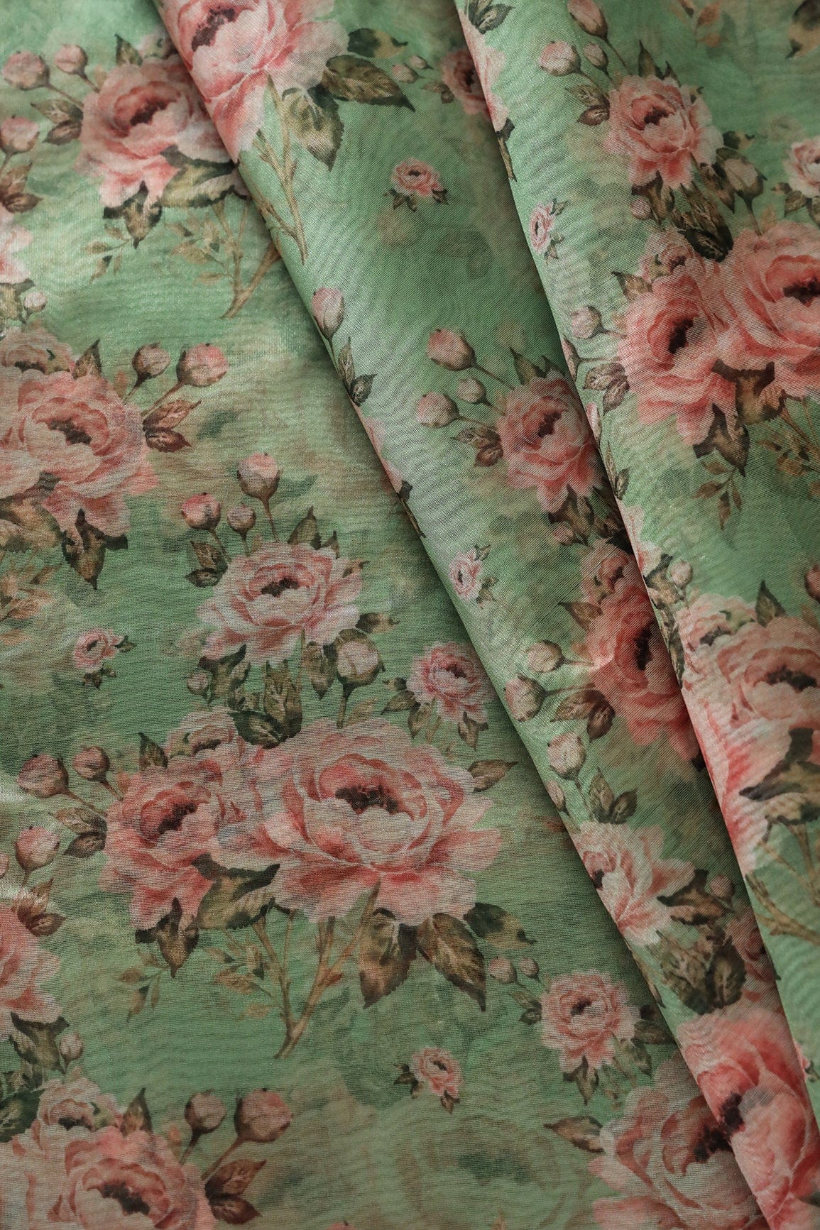 Peach Floral Digital Print On Parrot Green Organza Fabric - doeraa