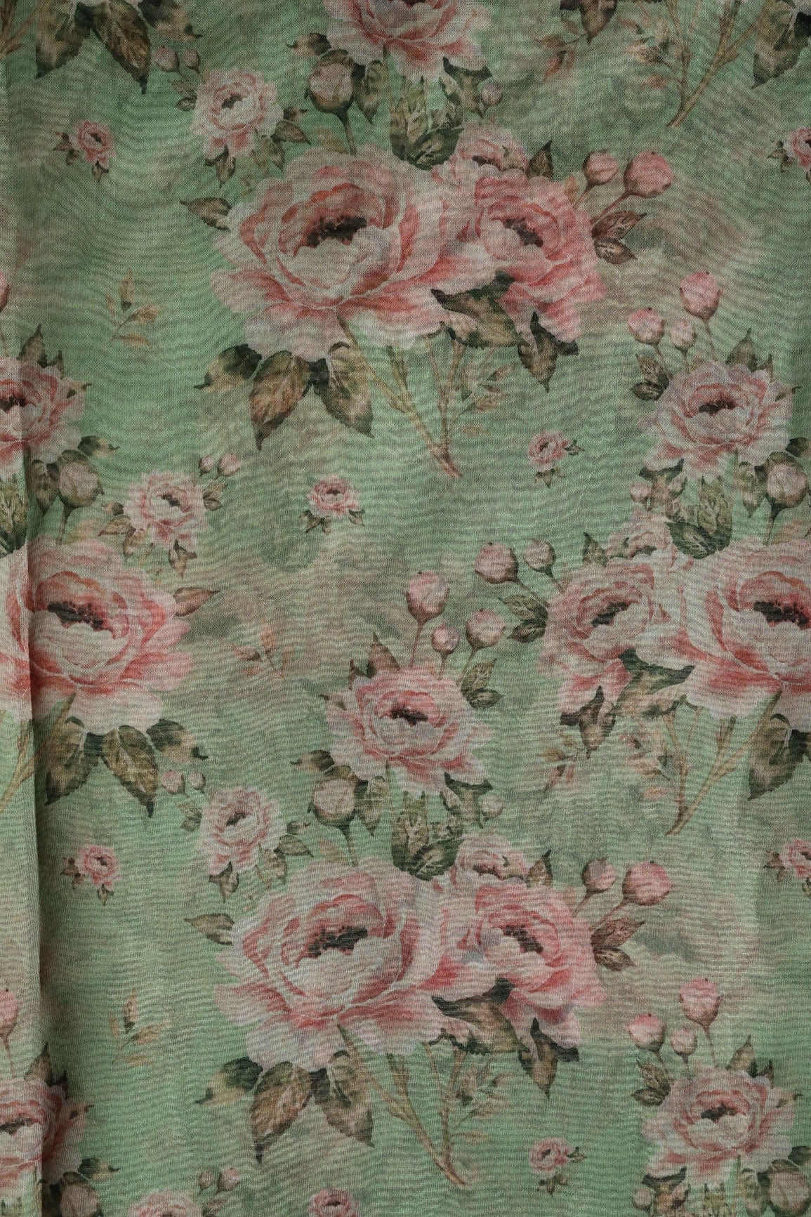 Peach Floral Digital Print On Parrot Green Organza Fabric - doeraa