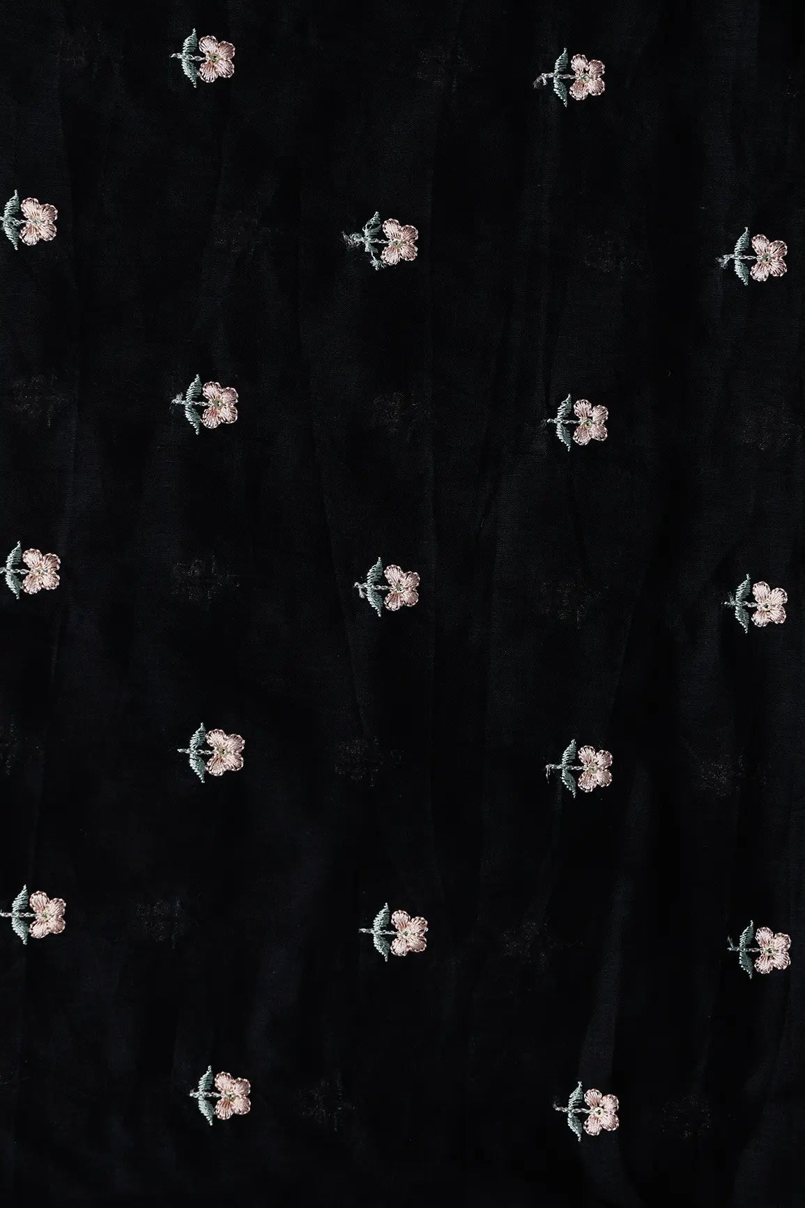 Peach & Olive Thread Small Floral Embroidery Work On Black Pure Mul Cotton Fabric - doeraa