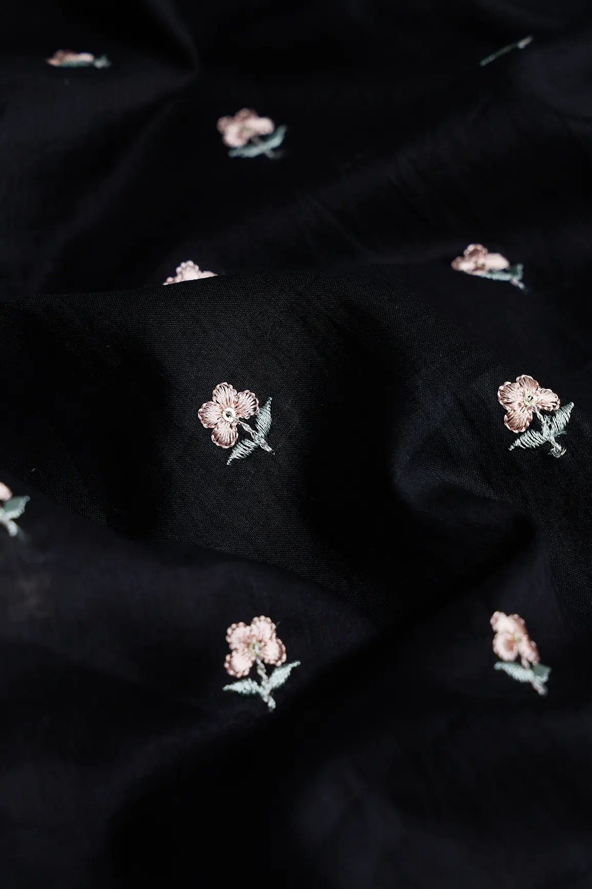 Peach & Olive Thread Small Floral Embroidery Work On Black Pure Mul Cotton Fabric - doeraa