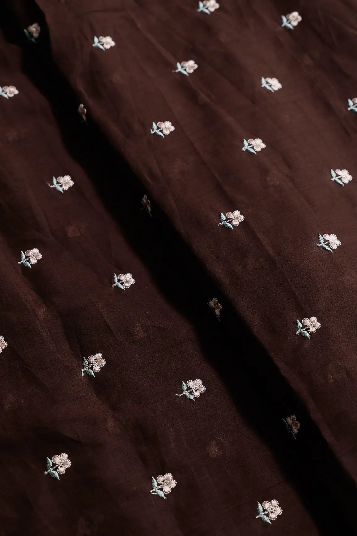 Peach & Olive Thread Small Floral Embroidery Work On Dark Coffee Pure Mul Cotton Fabric - doeraa