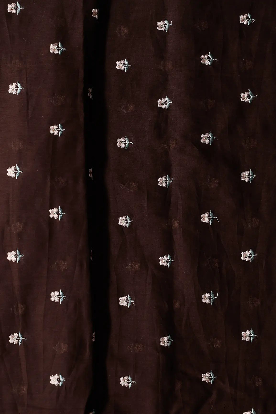 Peach & Olive Thread Small Floral Embroidery Work On Dark Coffee Pure Mul Cotton Fabric - doeraa