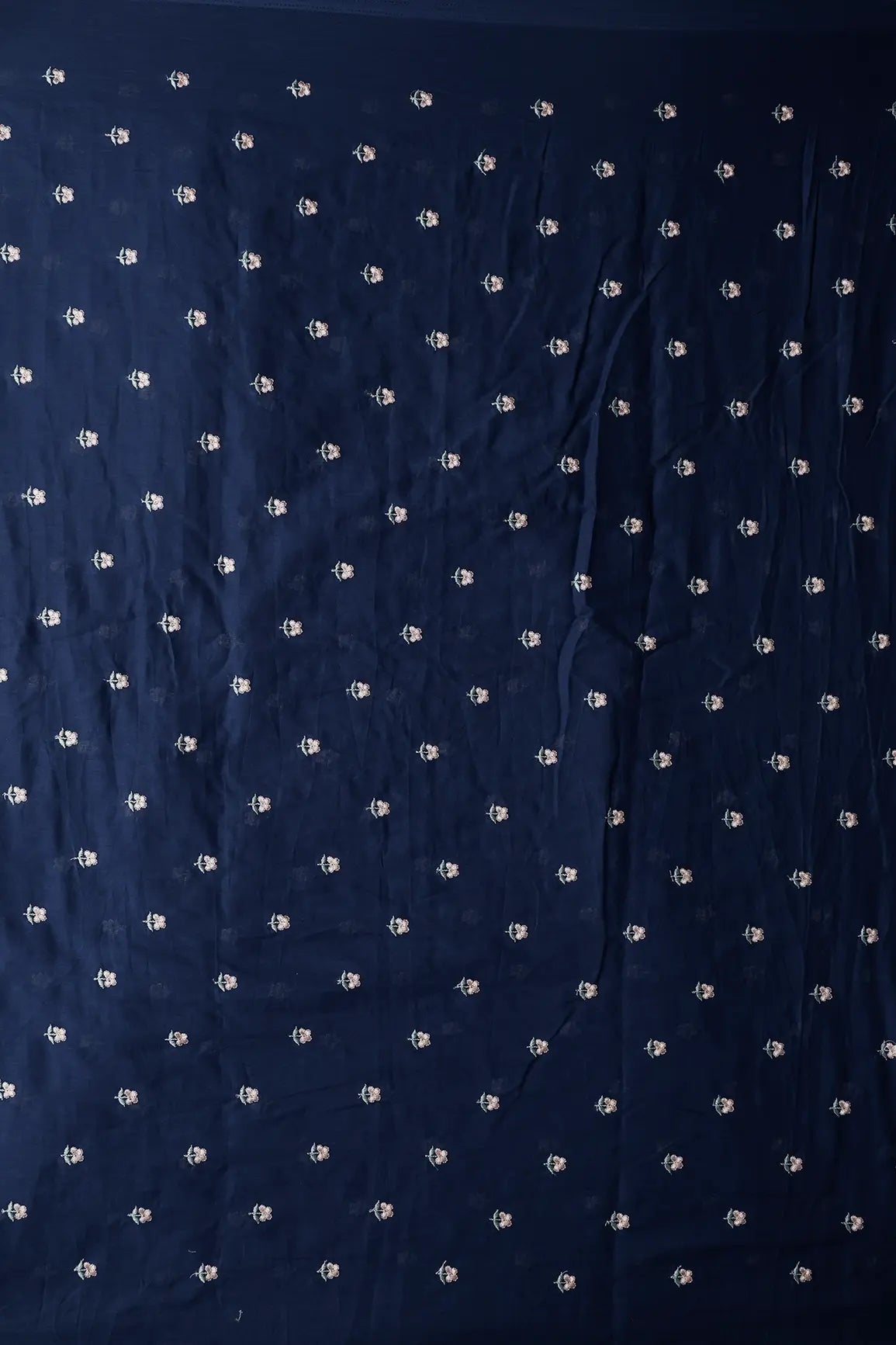 Peach & Olive Thread Small Floral Embroidery Work On Navy Blue Pure Mul Cotton Fabric - doeraa