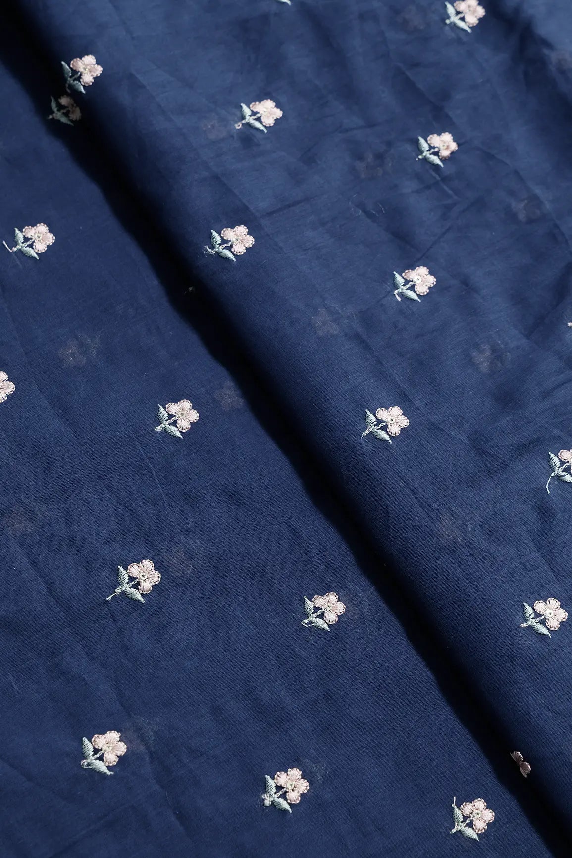 Peach & Olive Thread Small Floral Embroidery Work On Navy Blue Pure Mul Cotton Fabric - doeraa