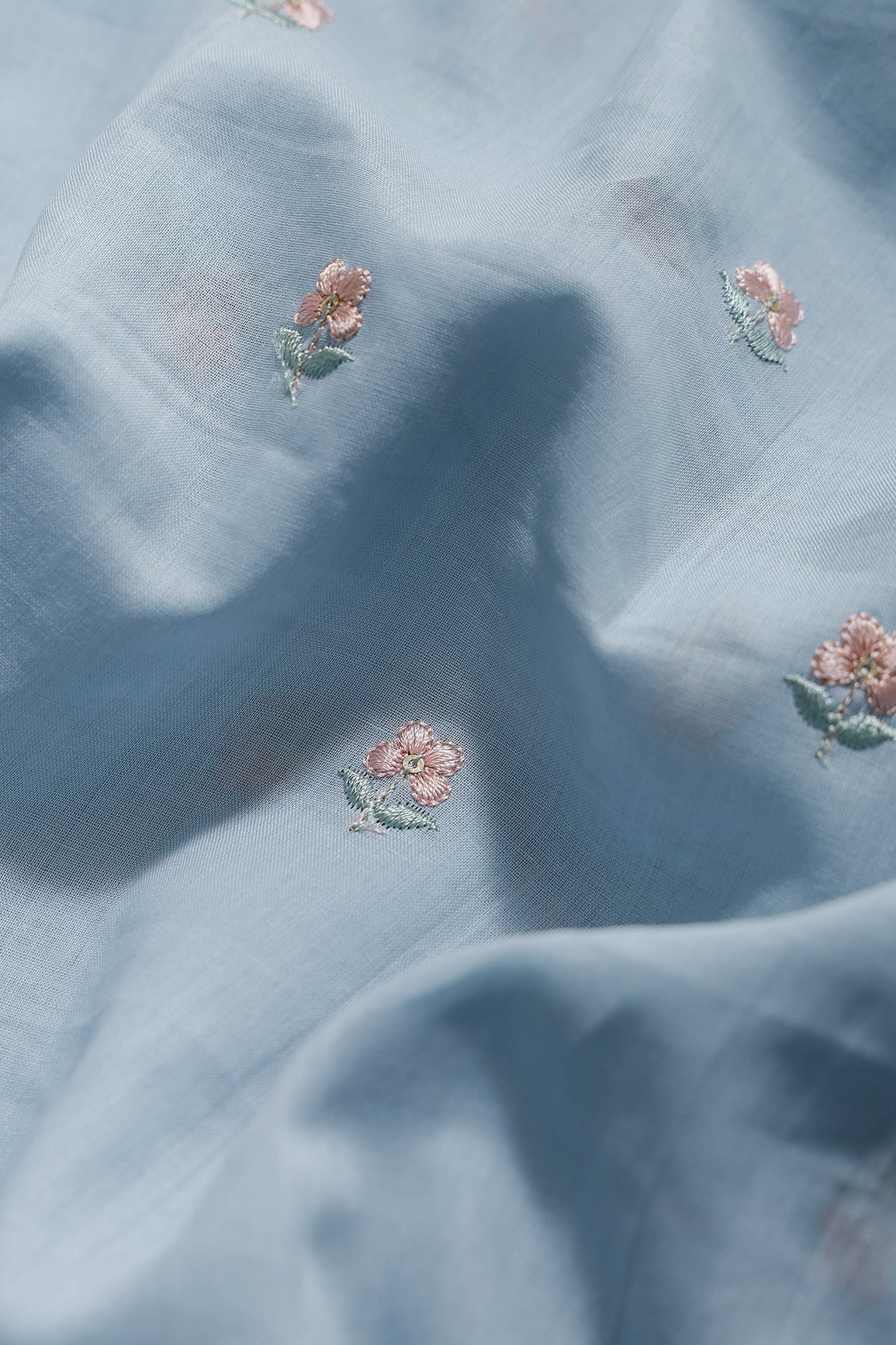 Peach & Olive Thread Small Floral Embroidery Work On Pastel Blue Pure Mul Cotton Fabric - doeraa