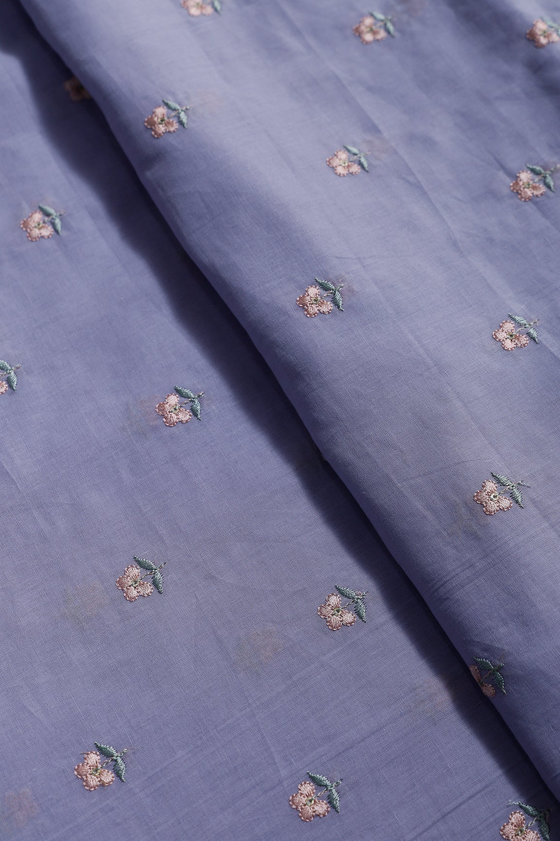 Peach & Olive Thread Small Floral Embroidery Work On Pastel Lilac Pure Mul Cotton Fabric - doeraa