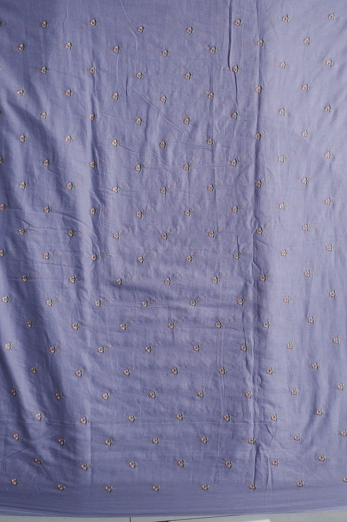 Peach & Olive Thread Small Floral Embroidery Work On Pastel Lilac Pure Mul Cotton Fabric - doeraa
