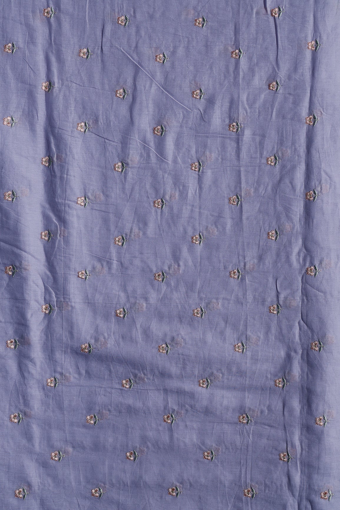 Peach & Olive Thread Small Floral Embroidery Work On Pastel Lilac Pure Mul Cotton Fabric - doeraa