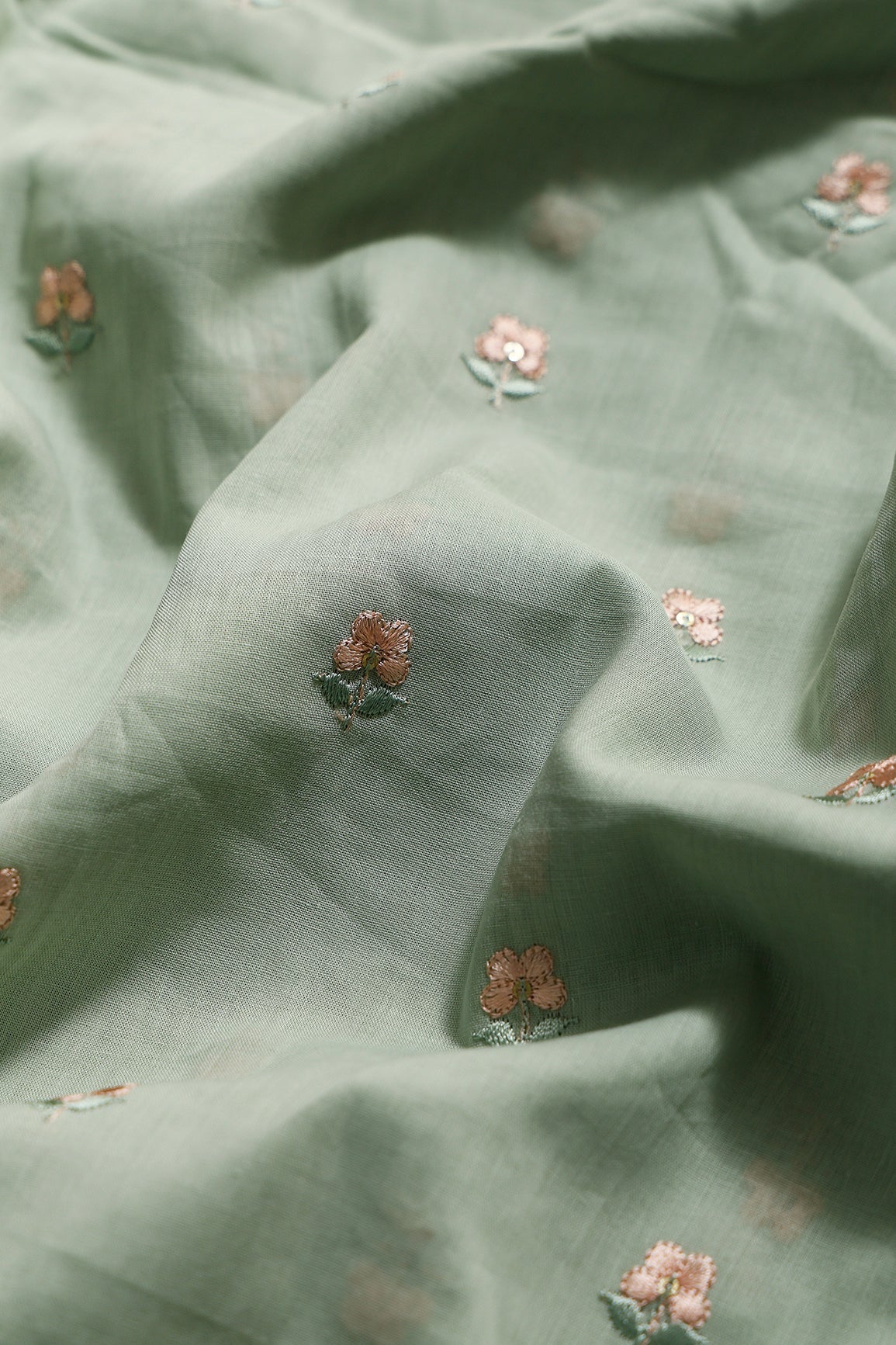 Peach & Olive Thread Small Floral Embroidery Work On Pastel Olive Green Pure Mul Cotton Fabric - doeraa