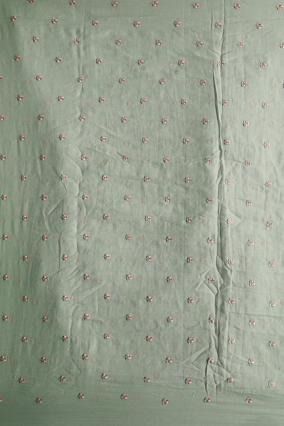 Peach & Olive Thread Small Floral Embroidery Work On Pastel Olive Green Pure Mul Cotton Fabric - doeraa