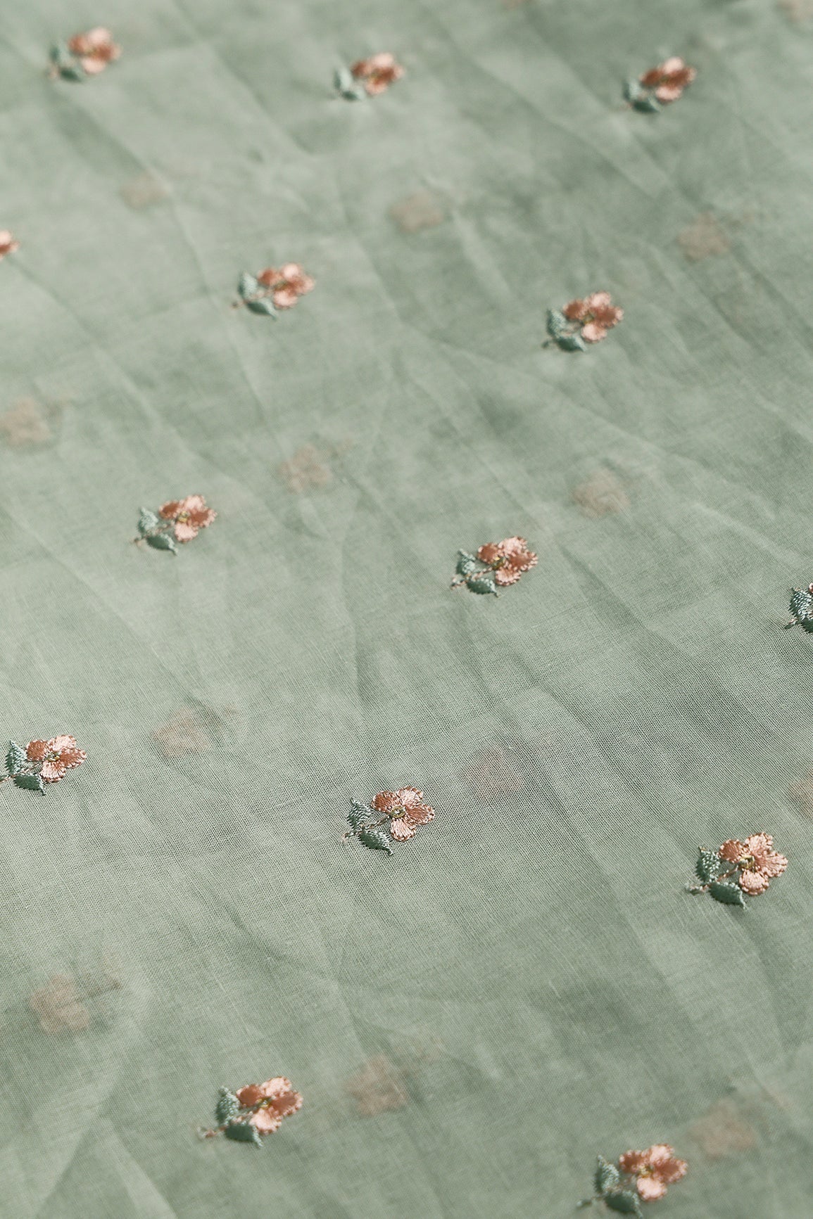 Peach & Olive Thread Small Floral Embroidery Work On Pastel Olive Green Pure Mul Cotton Fabric - doeraa