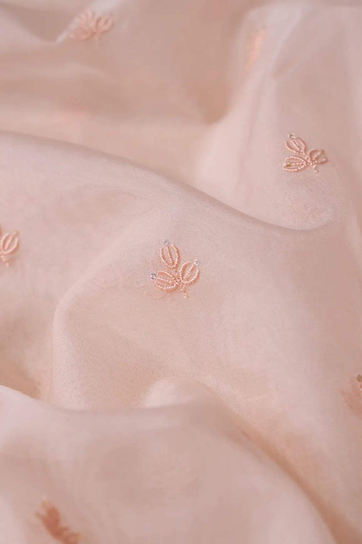Peach Thread With Sequins Beautiful Small Leafy Embroidery Work On Peach Organza Fabric - doeraa