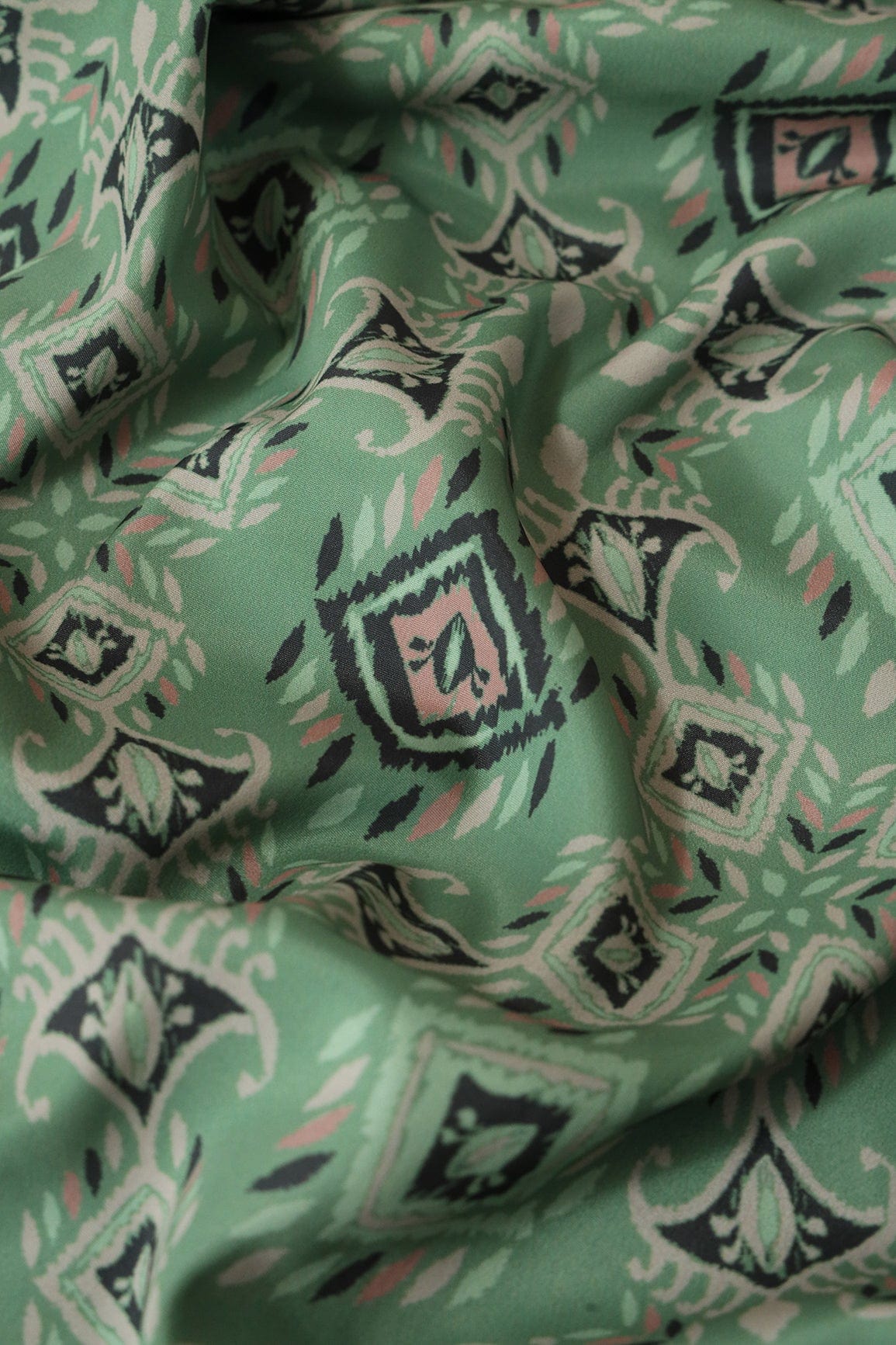 Pickle Green And Pastel Green Geometric Pattern Digital Print On French Crepe Fabric - doeraa