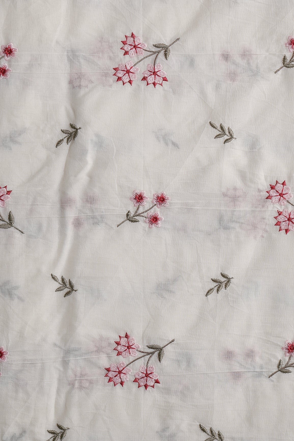 Pink And Baby Pink Thread Beautiful Floral Embroidery Work On Off White Organic Cotton Fabric - doeraa