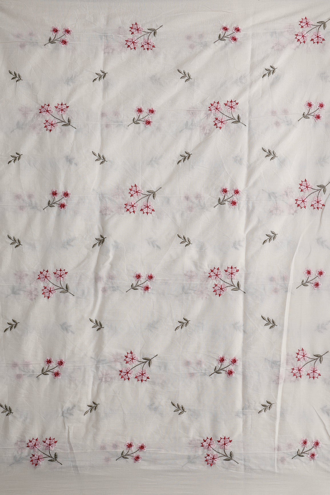 Pink And Baby Pink Thread Beautiful Floral Embroidery Work On Off White Organic Cotton Fabric - doeraa