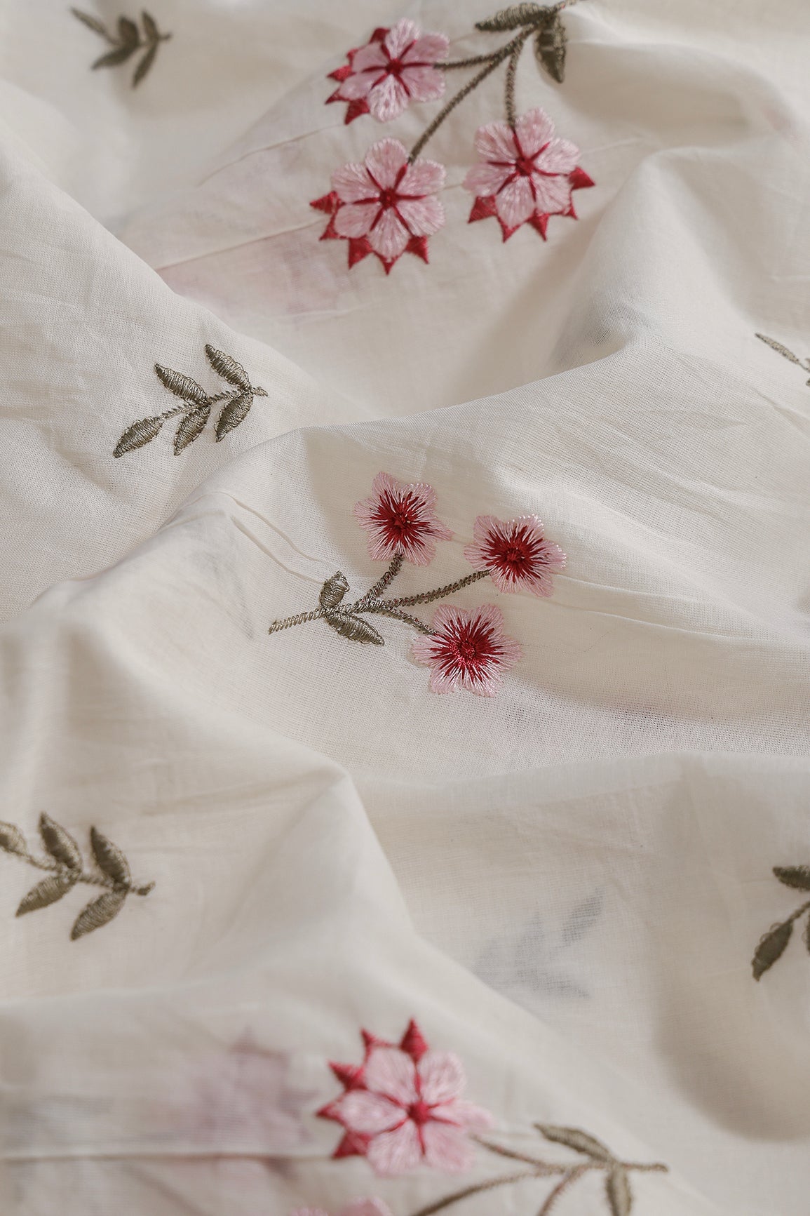 Pink And Baby Pink Thread Beautiful Floral Embroidery Work On Off White Organic Cotton Fabric - doeraa