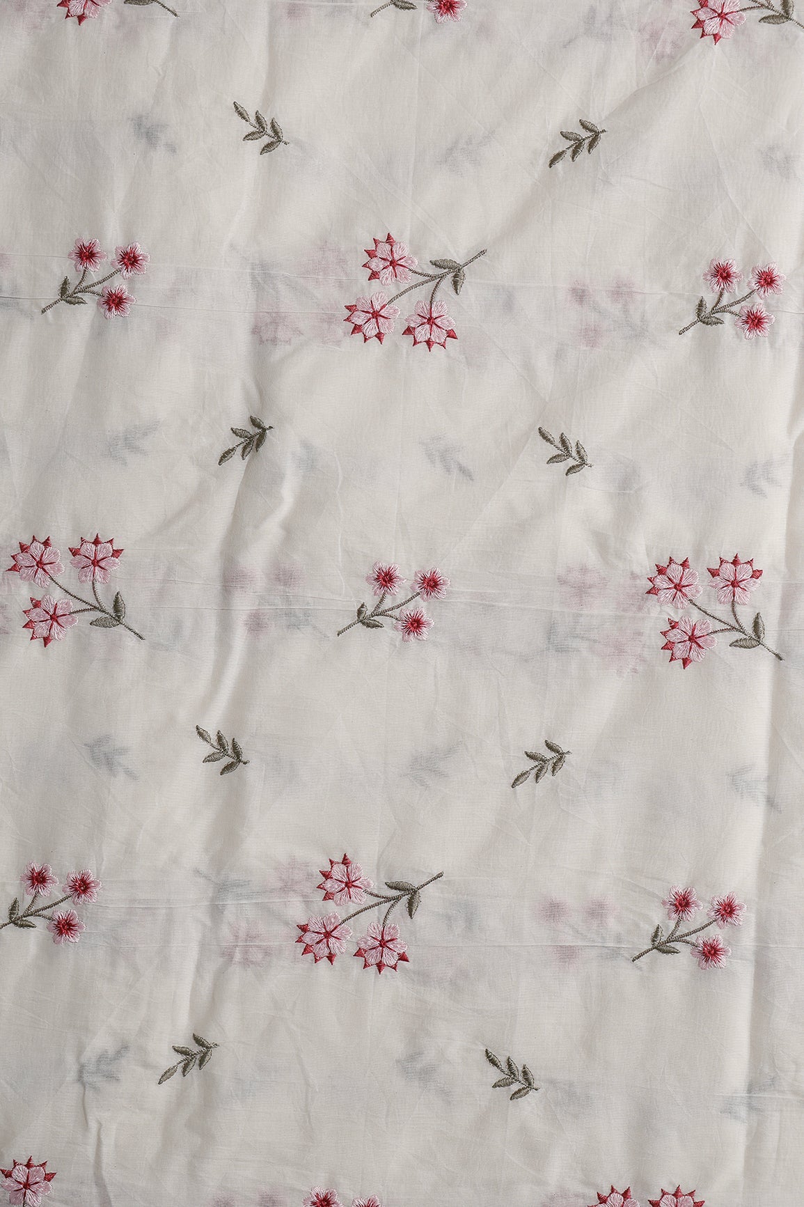 Pink And Baby Pink Thread Beautiful Floral Embroidery Work On Off White Organic Cotton Fabric - doeraa