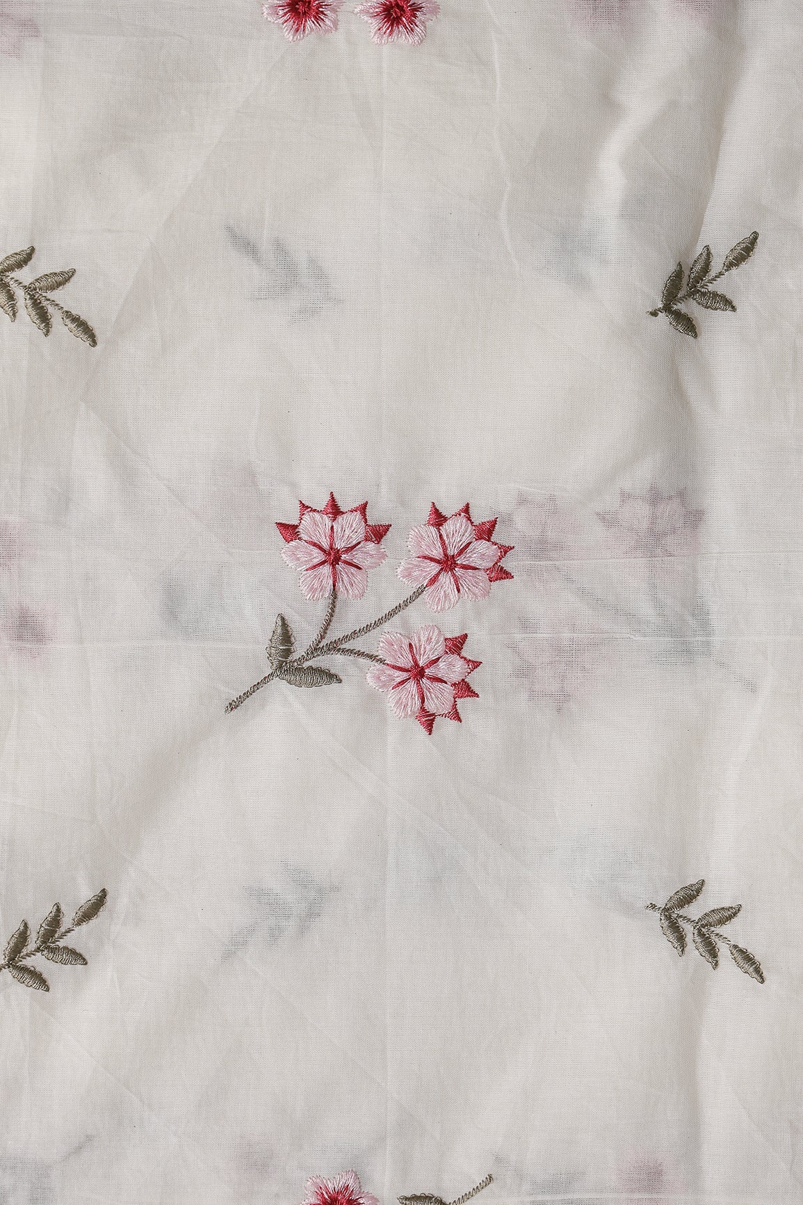 Pink And Baby Pink Thread Beautiful Floral Embroidery Work On Off White Organic Cotton Fabric - doeraa