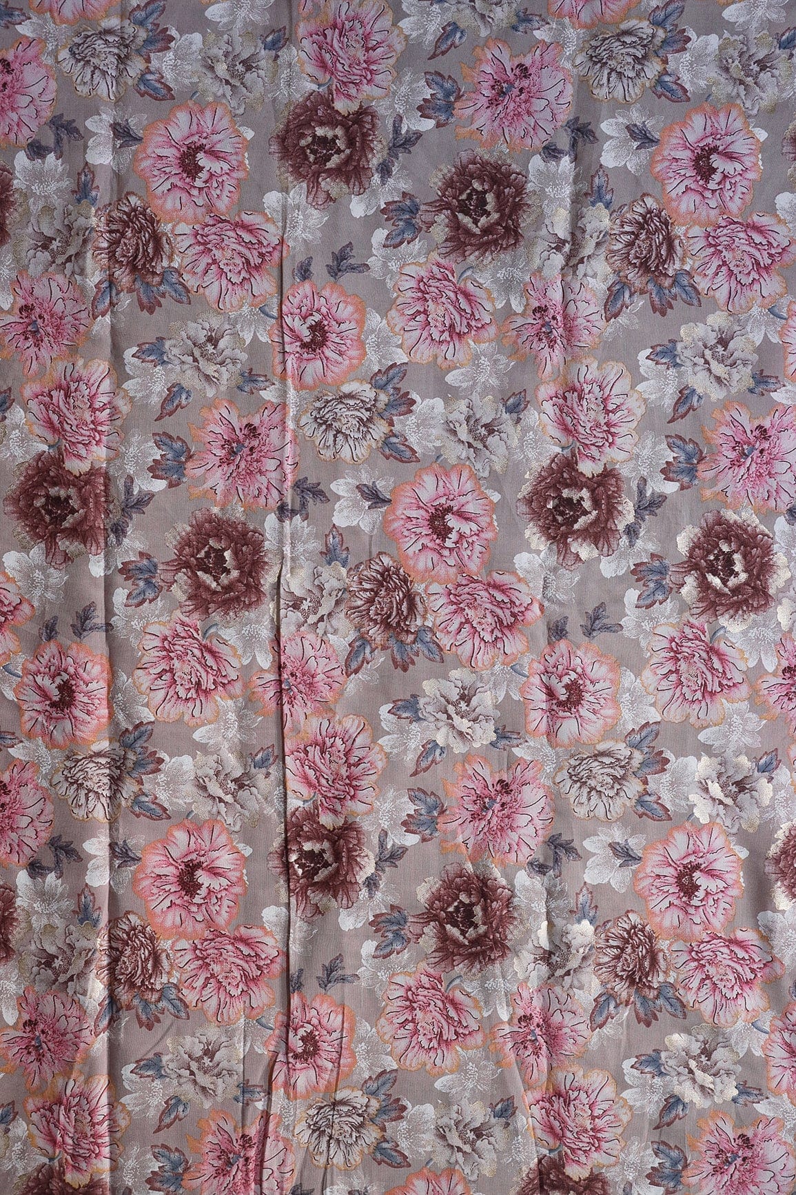 Pink And Beige Floral Print On Viscose Chanderi Silk Fabric - doeraa