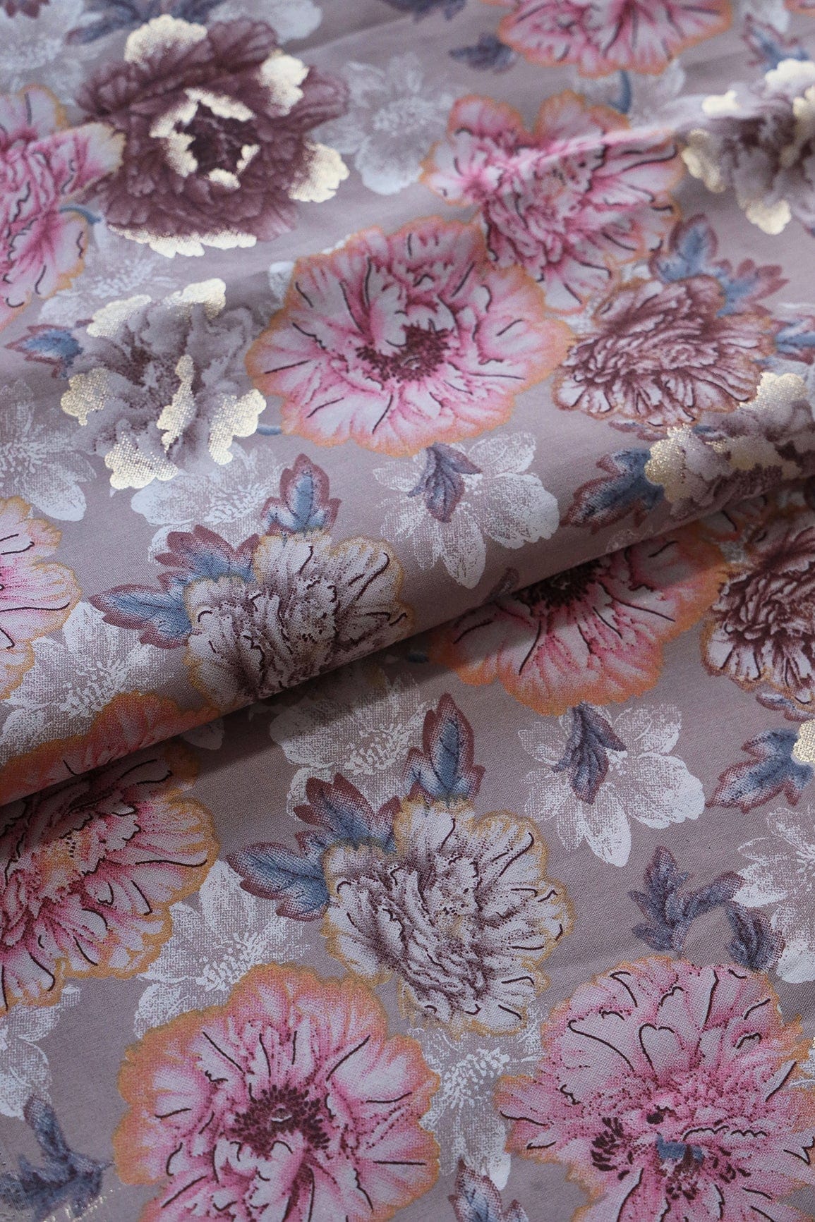 Pink And Beige Floral Print On Viscose Chanderi Silk Fabric - doeraa