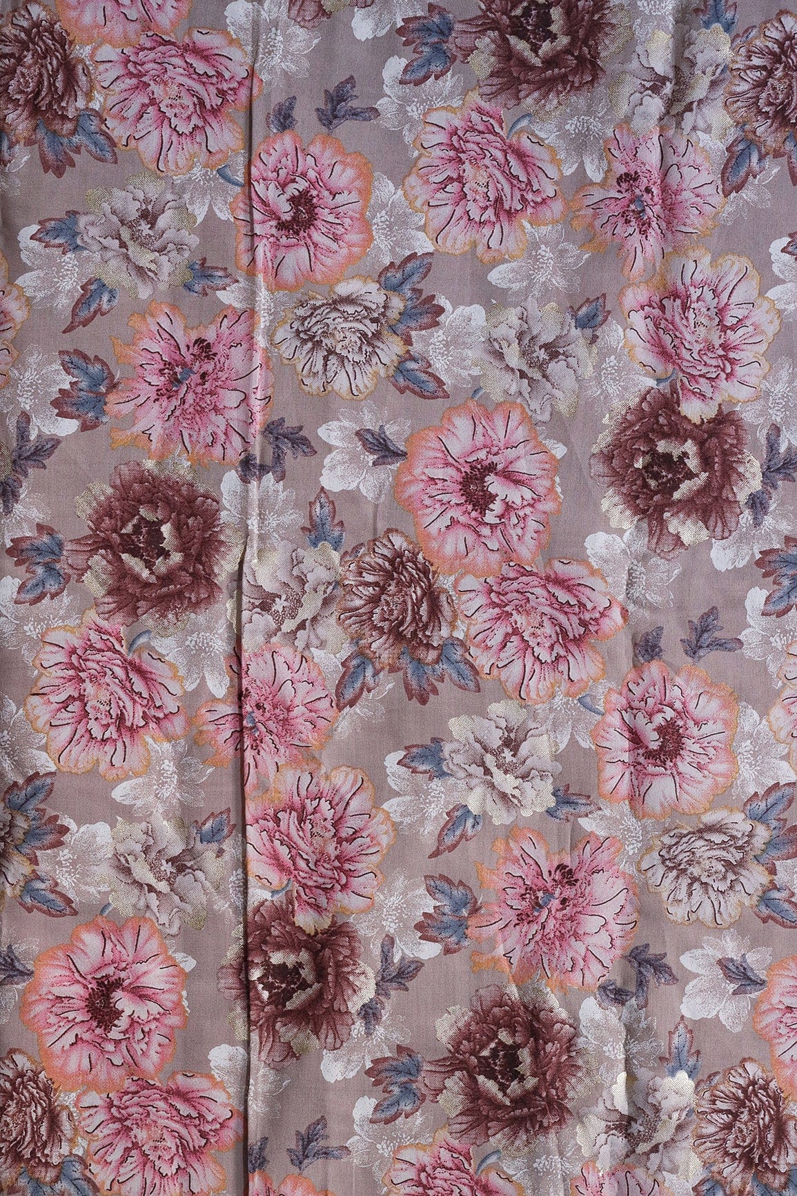 Pink And Beige Floral Print On Viscose Chanderi Silk Fabric - doeraa