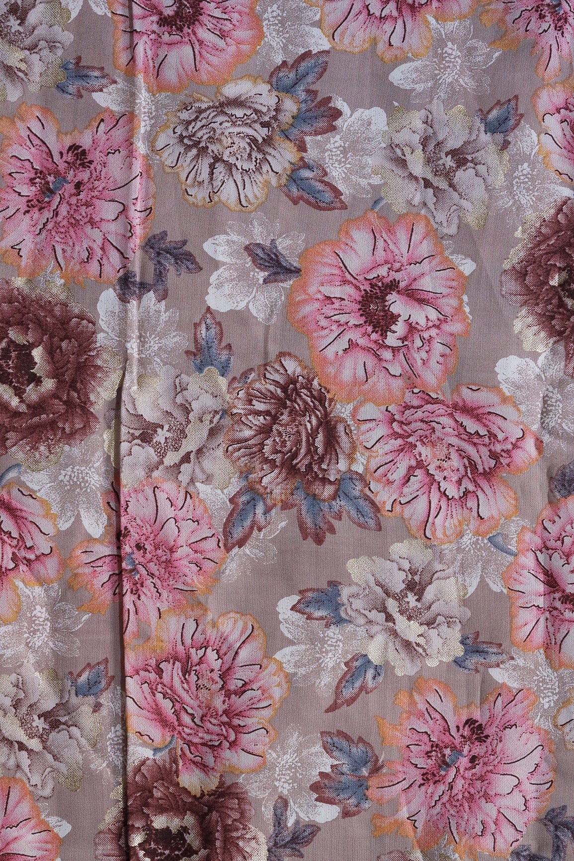 Pink And Beige Floral Print On Viscose Chanderi Silk Fabric - doeraa