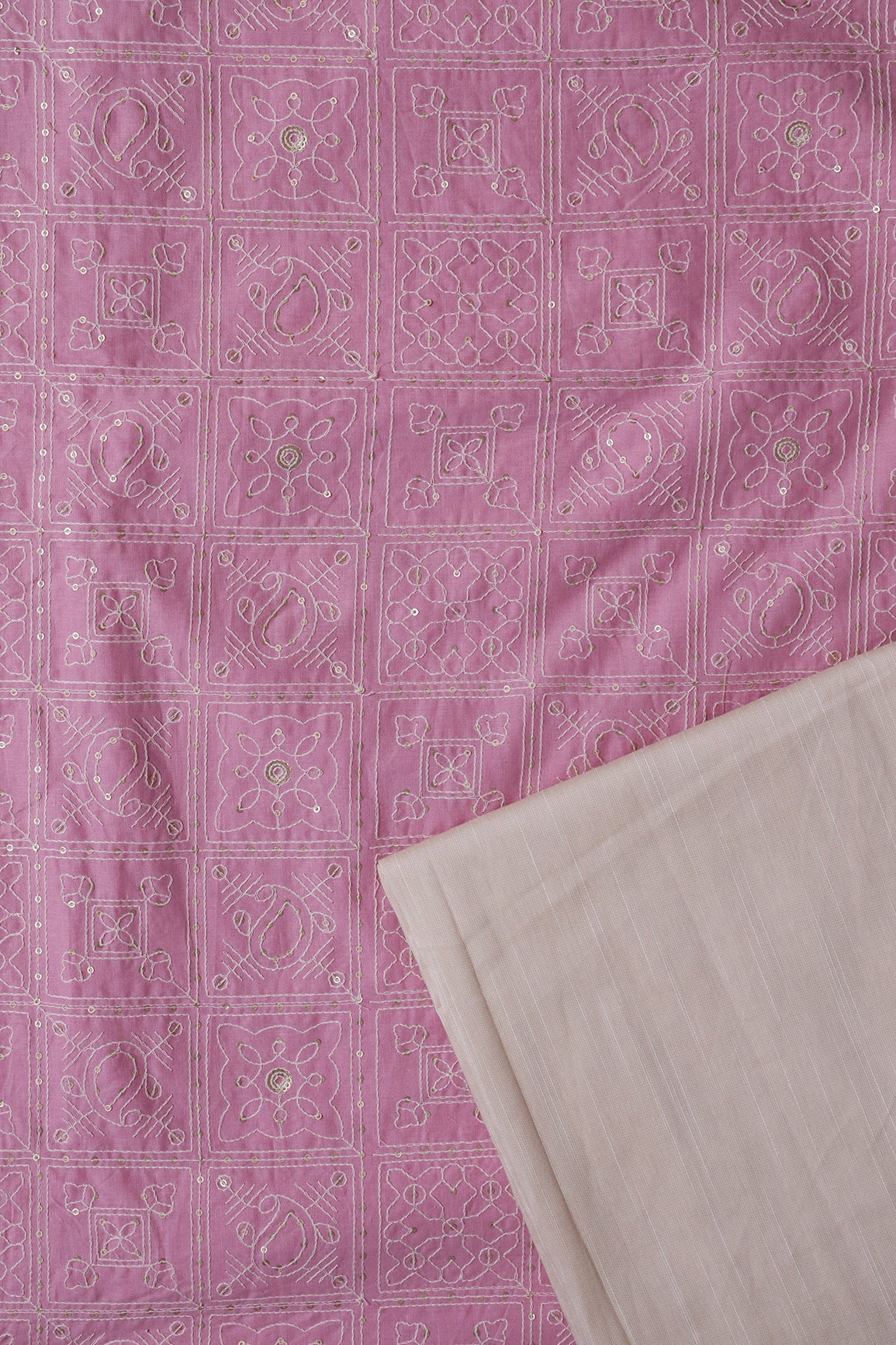 Pink And Beige Organic Cotton Unstitched Suit Set (2 Piece) - doeraa