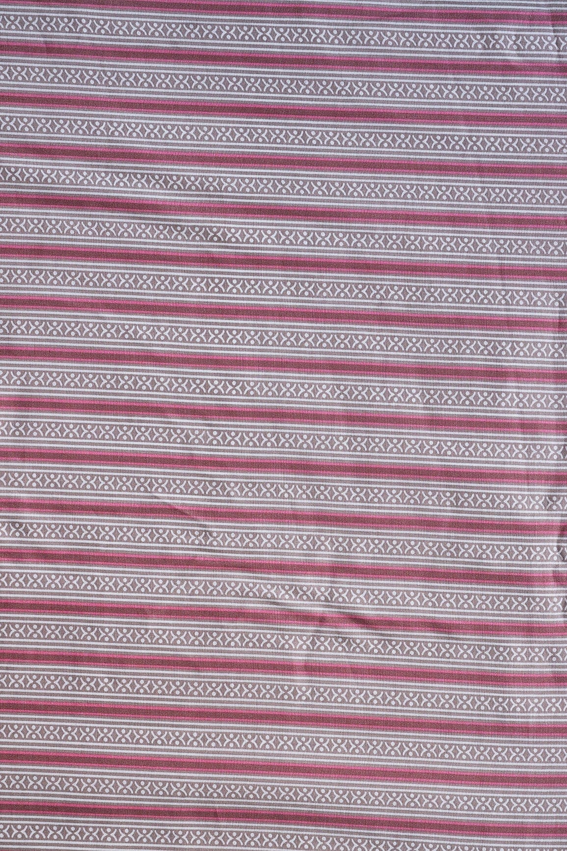 Pink And Beige Stripes Print On Viscose Chanderi Silk Fabric - doeraa