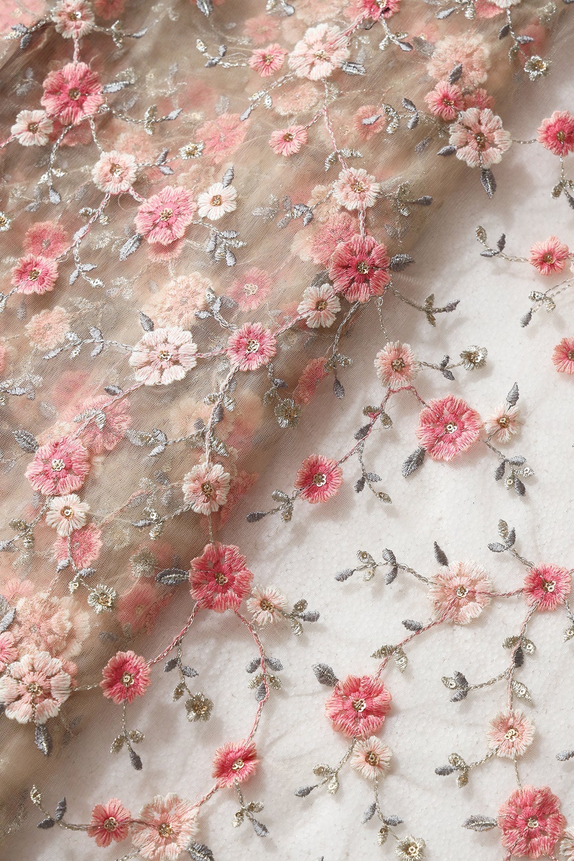 Pink And Cream Thread With Gold Sequins Floral Embroidery On Beige Soft Net Fabric - doeraa