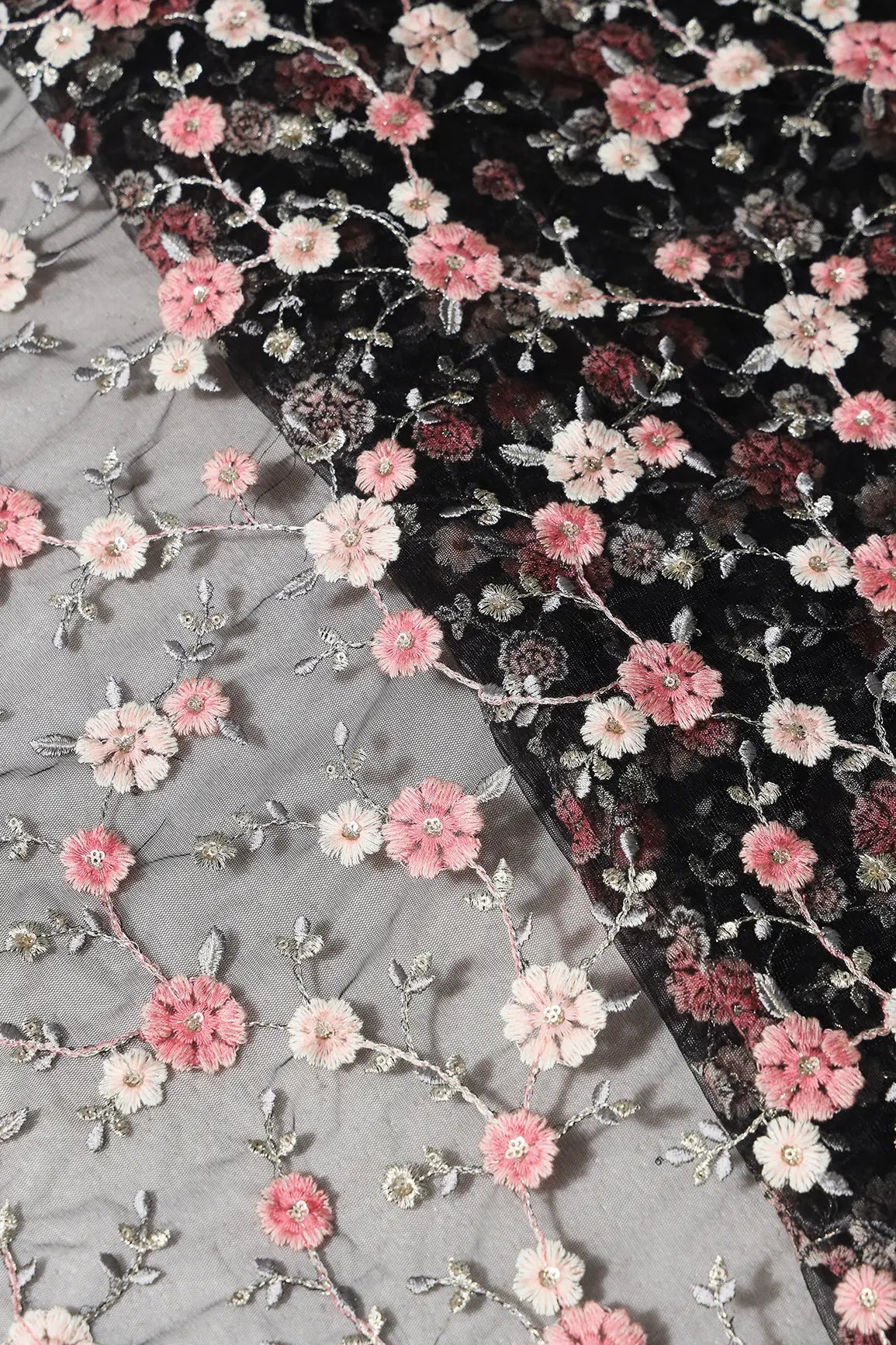 Pink And Cream Thread With Gold Sequins Floral Embroidery On Black Soft Net Fabric - doeraa