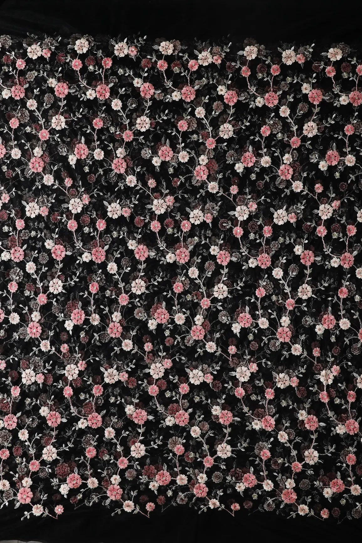 Pink And Cream Thread With Gold Sequins Floral Embroidery On Black Soft Net Fabric - doeraa