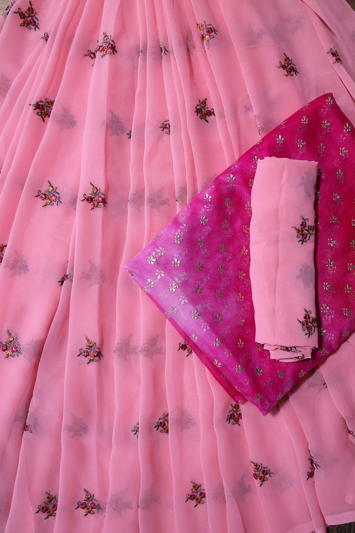Pink And Fuchsia Unstitched Lehenga Set Fabric (3 Piece) - doeraa