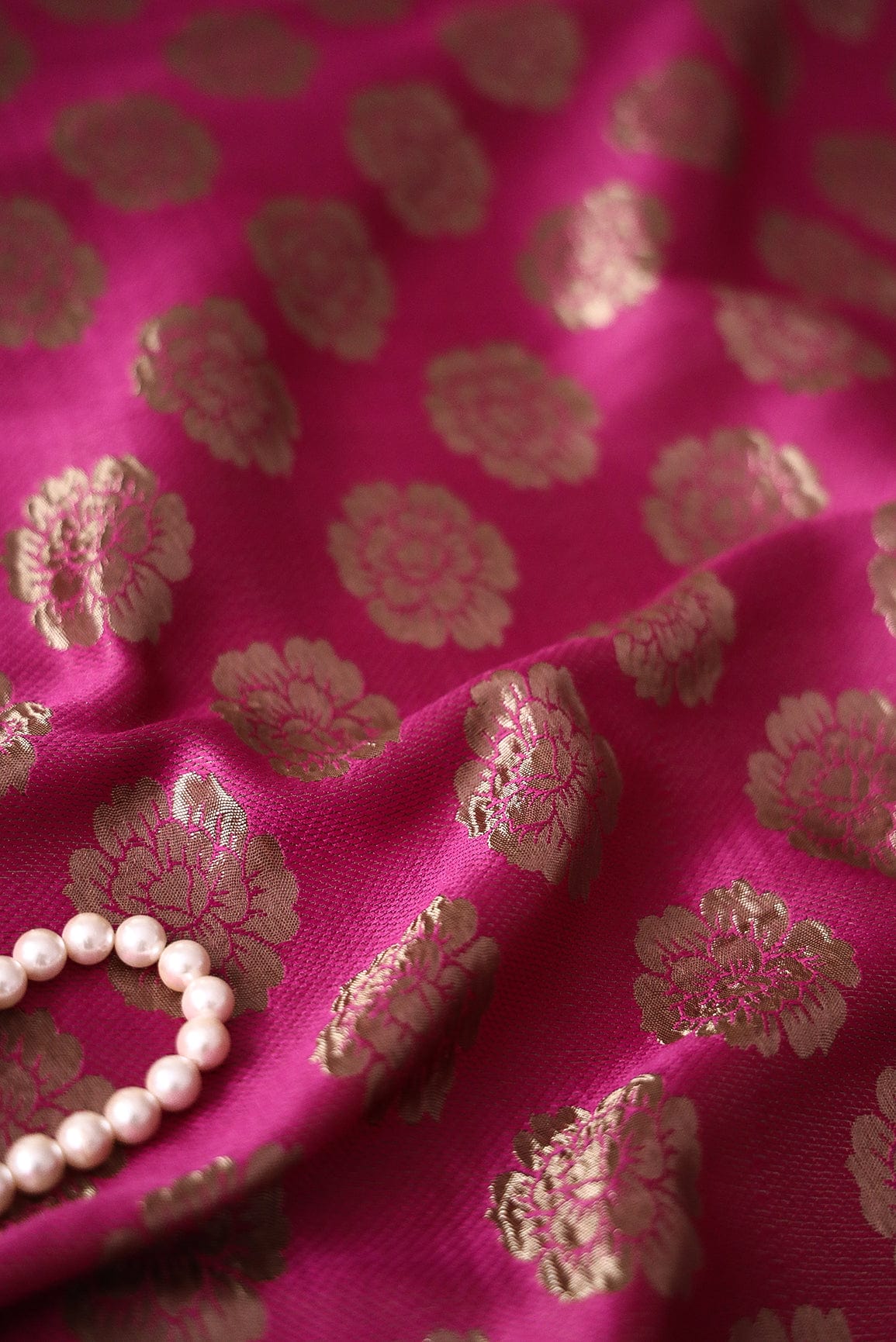 Pink and Gold Floral Motif Banarasi Brocade Fabric - doeraa