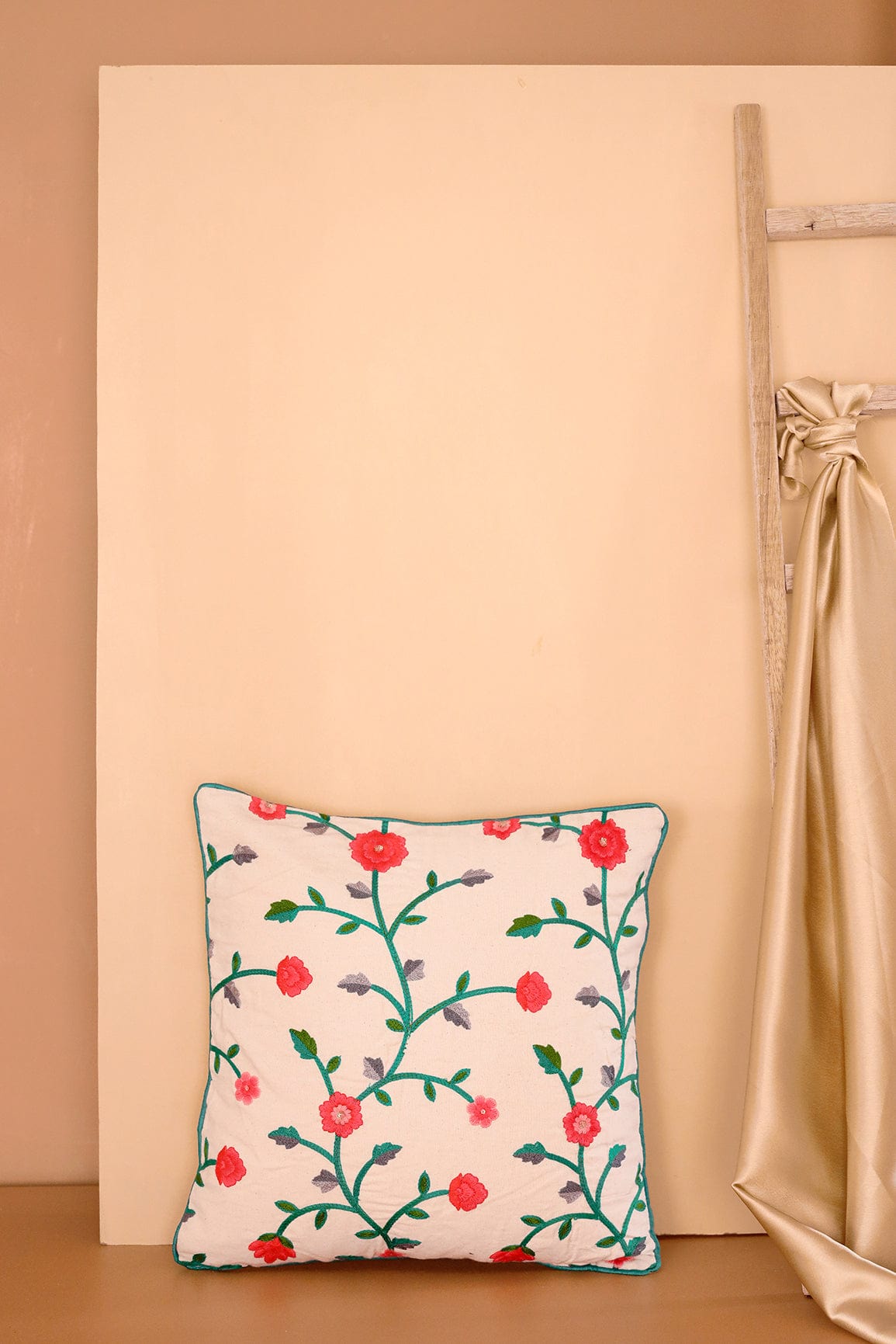 Pink and Green Floral Embroidery on Off White cotton Cushion Cover (16*16 inches) - doeraa