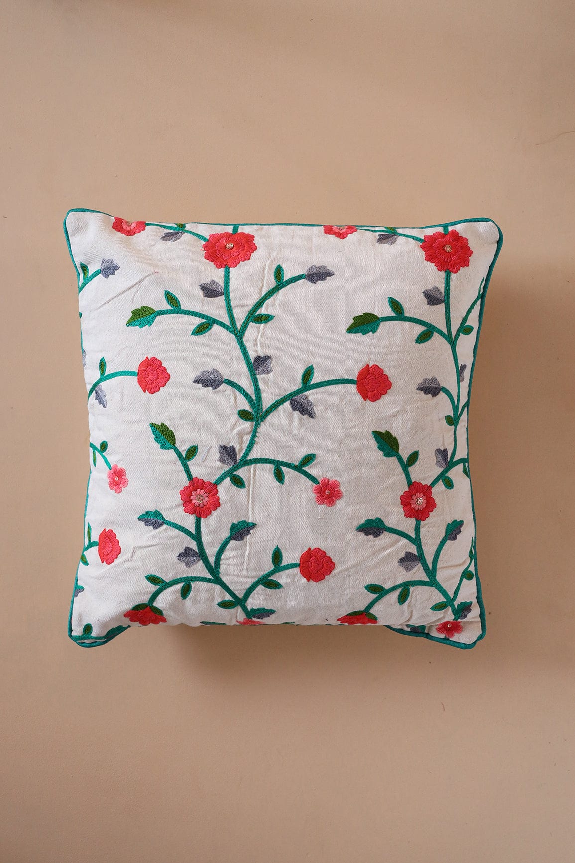 Pink and Green Floral Embroidery on Off White cotton Cushion Cover (16*16 inches) - doeraa