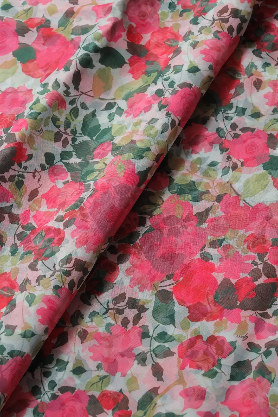 Pink And Green Floral Pattern Digital Print On White Organza Fabric - doeraa