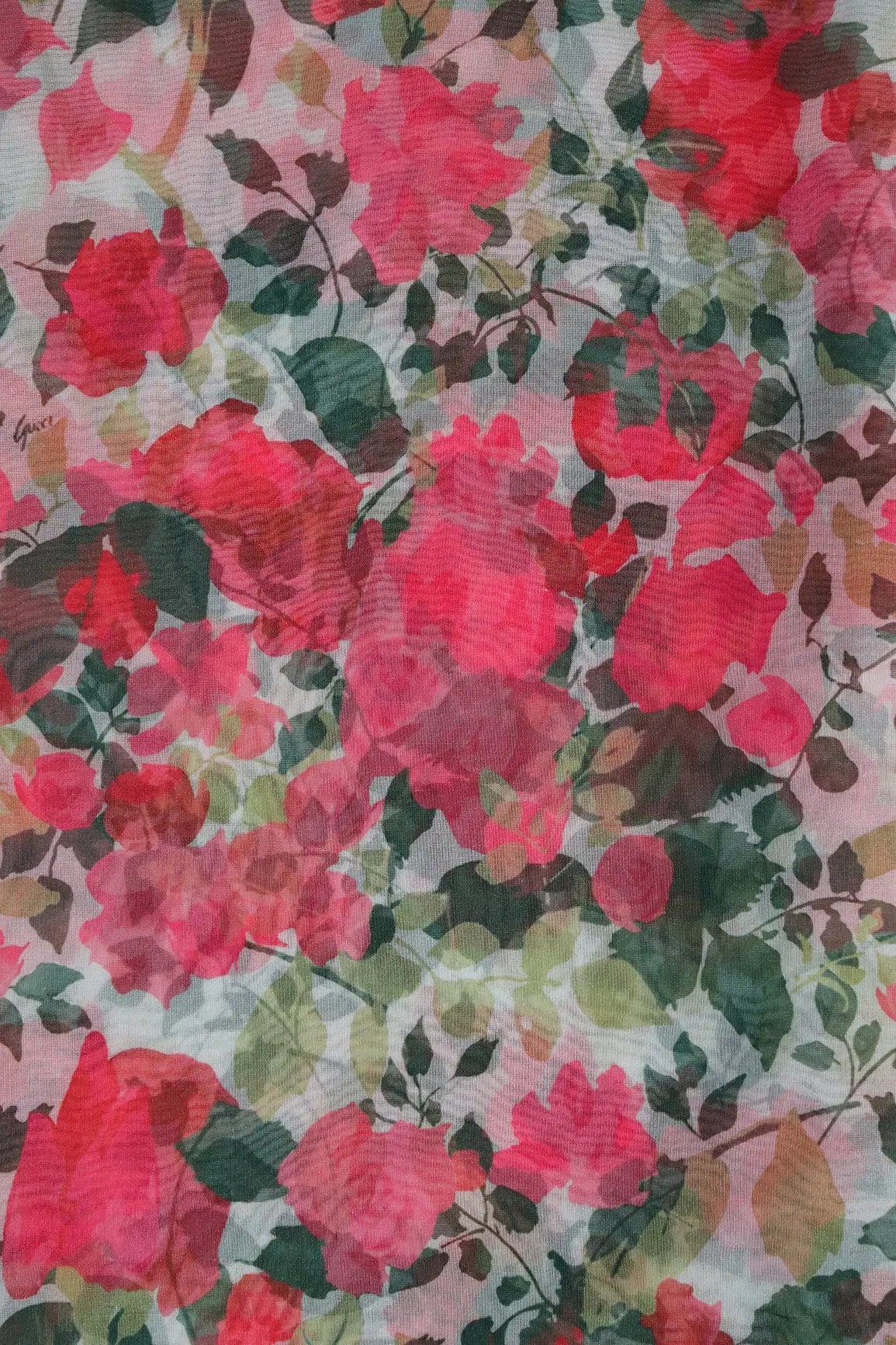 Pink And Green Floral Pattern Digital Print On White Organza Fabric - doeraa