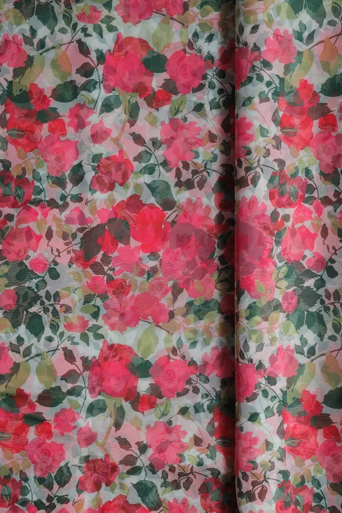 Pink And Green Floral Pattern Digital Print On White Organza Fabric - doeraa