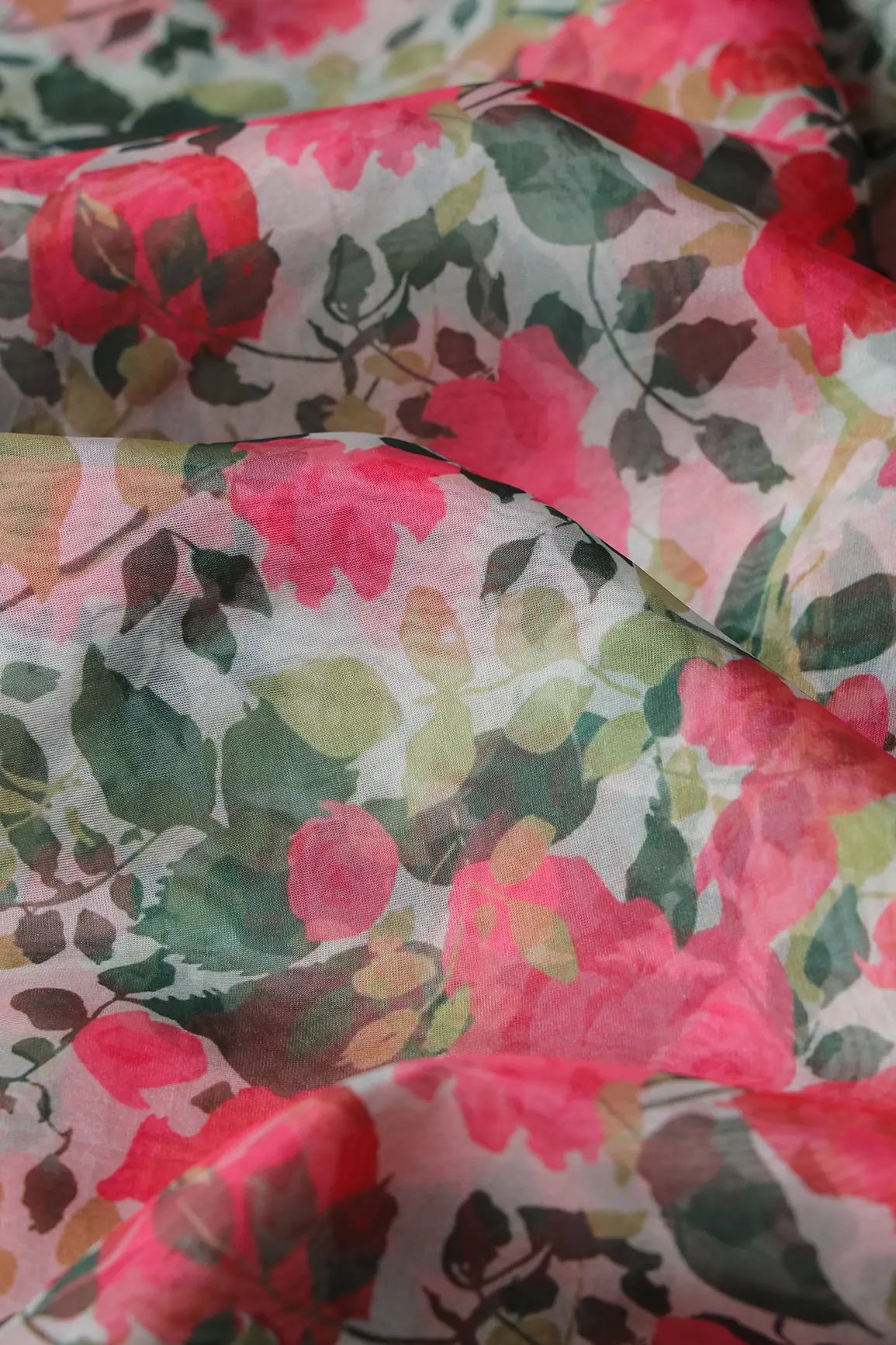 Pink And Green Floral Pattern Digital Print On White Organza Fabric - doeraa