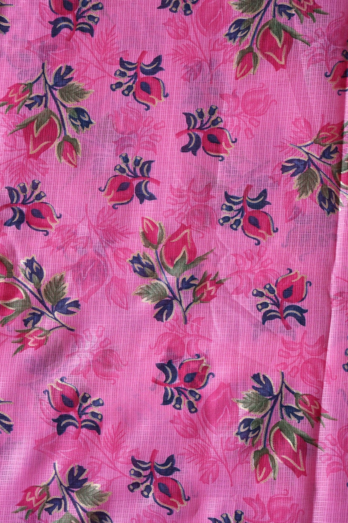 Pink And Green Floral Pattern Foil Print On Dark Pink Kota Doria Fabric - doeraa