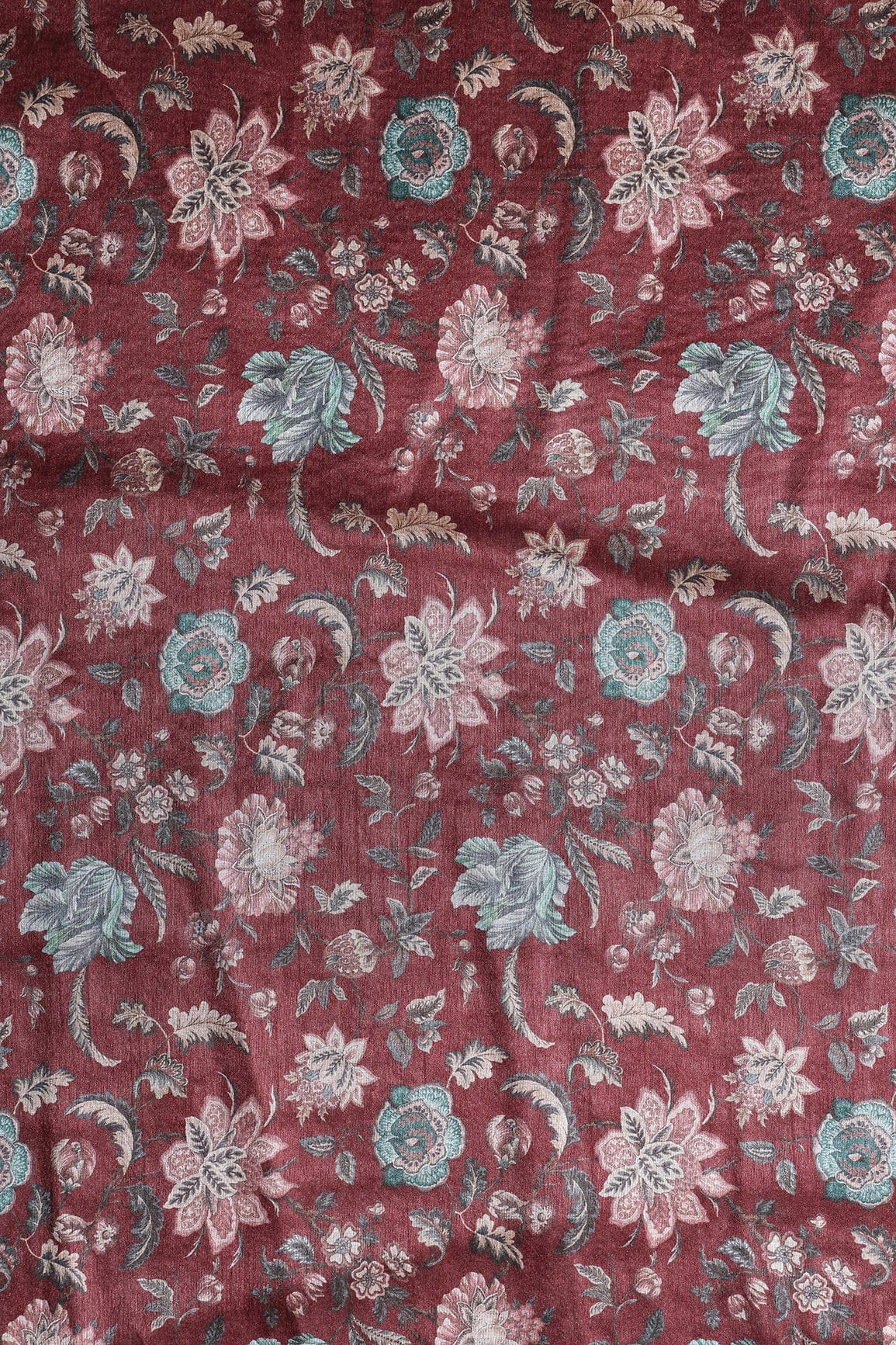 Pink And Grey Floral Pattern Digital Print On Maroon Mulberry Silk Fabric - doeraa