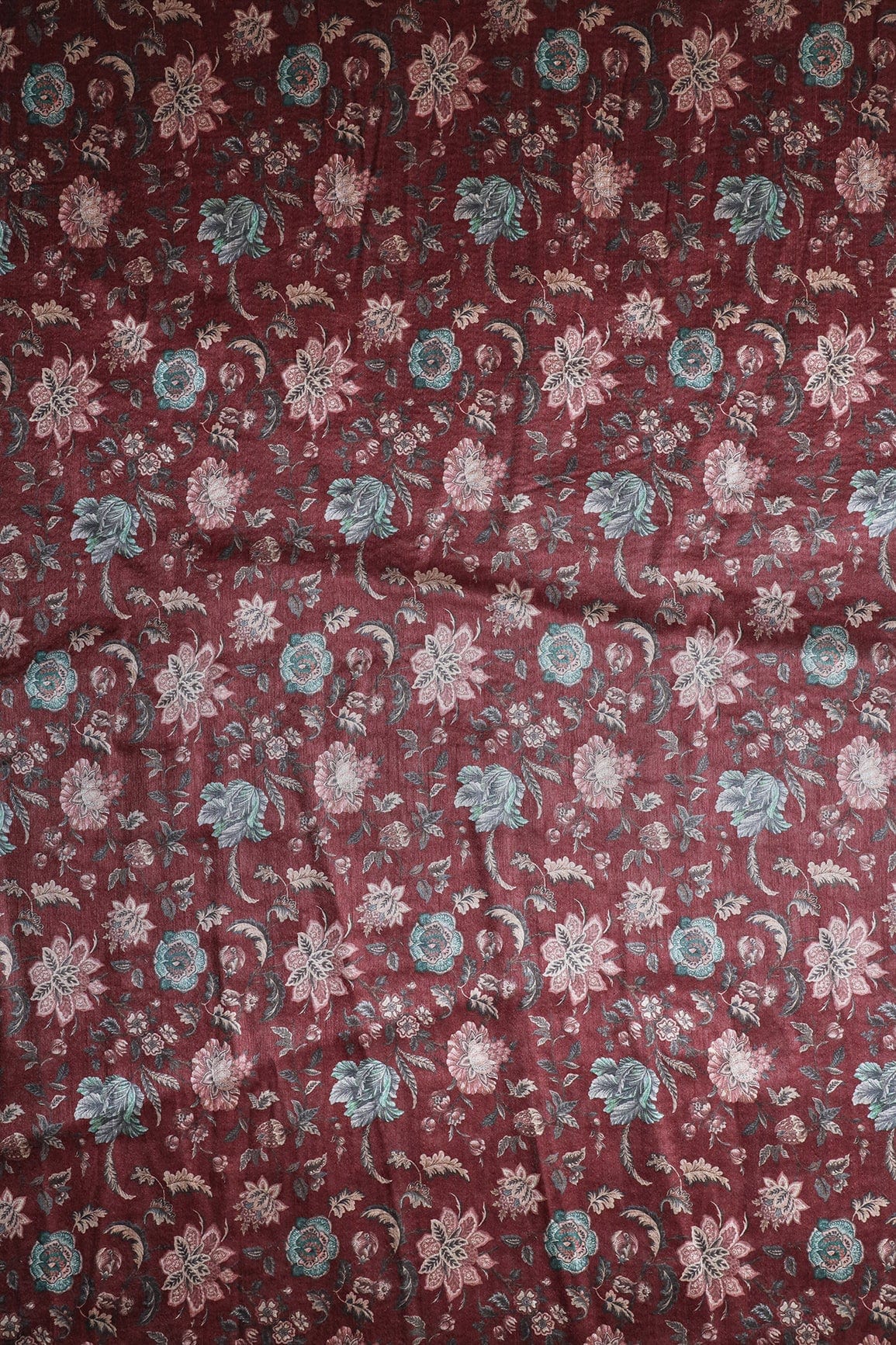 Pink And Grey Floral Pattern Digital Print On Maroon Mulberry Silk Fabric - doeraa