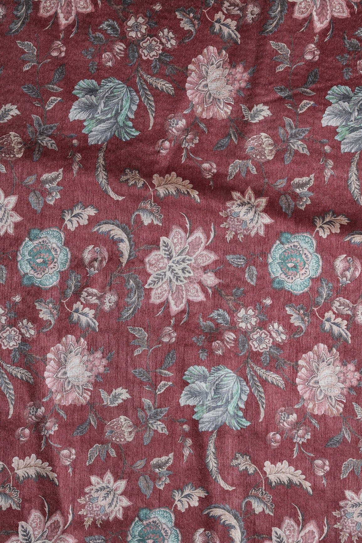 Pink And Grey Floral Pattern Digital Print On Maroon Mulberry Silk Fabric - doeraa