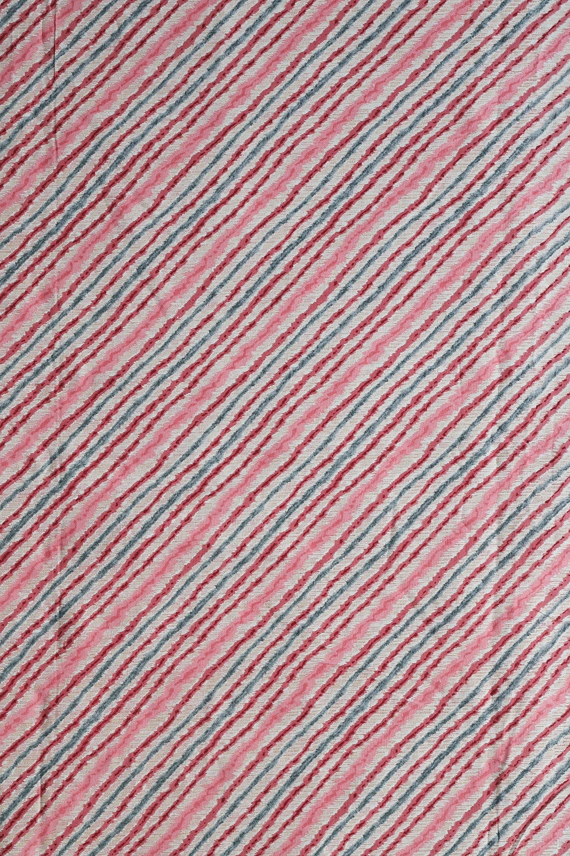 Pink And Grey Stripes Pattern Print On Light beige Pure Rayon Fabric - doeraa