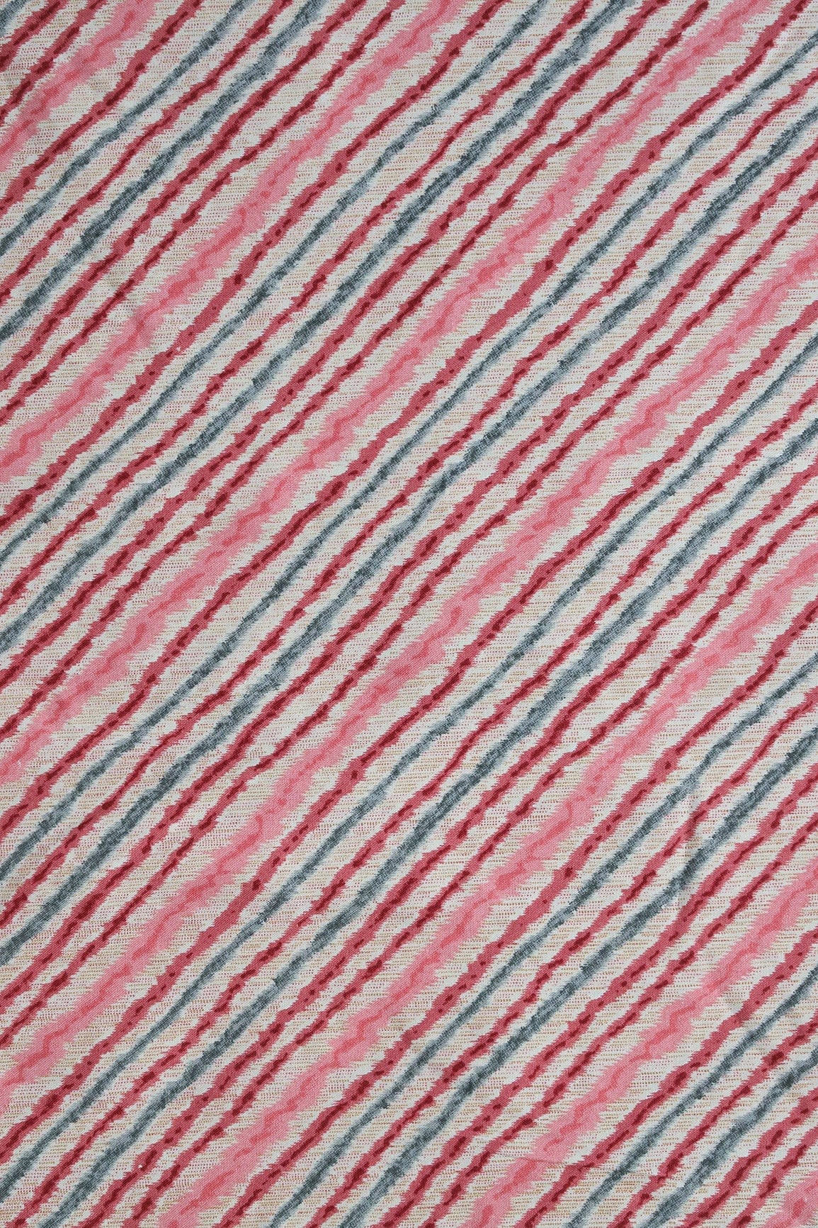 Pink And Grey Stripes Pattern Print On Light beige Pure Rayon Fabric - doeraa