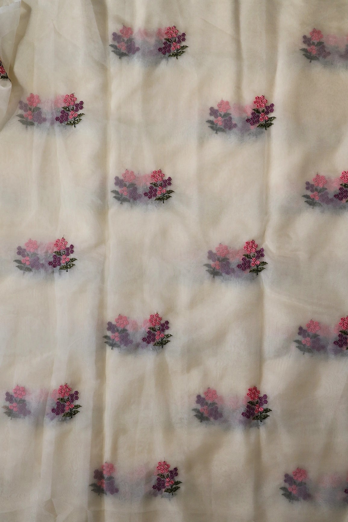 Pink And Mauve Thread With Sequins Floral Embroidery Work On Cream Organza Fabric - doeraa