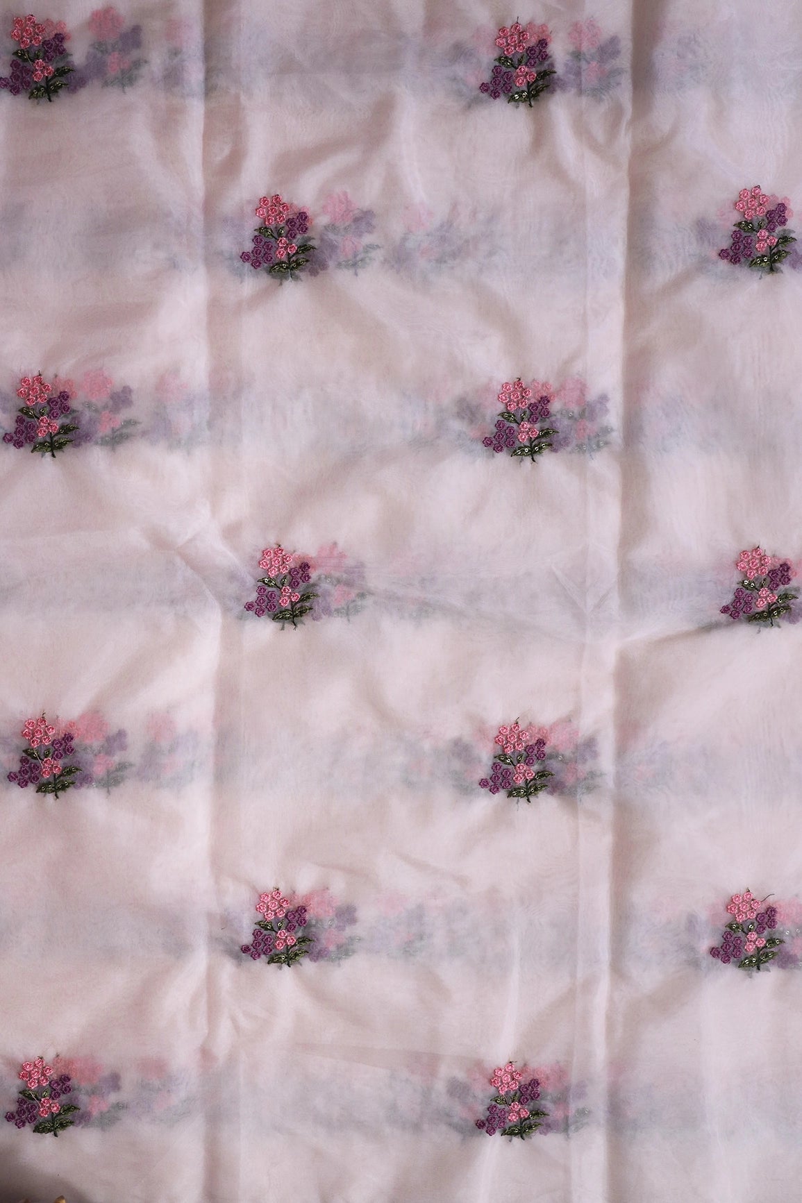 Pink And Mauve Thread With Sequins Floral Embroidery Work On Pastel Peach Organza Fabric - doeraa