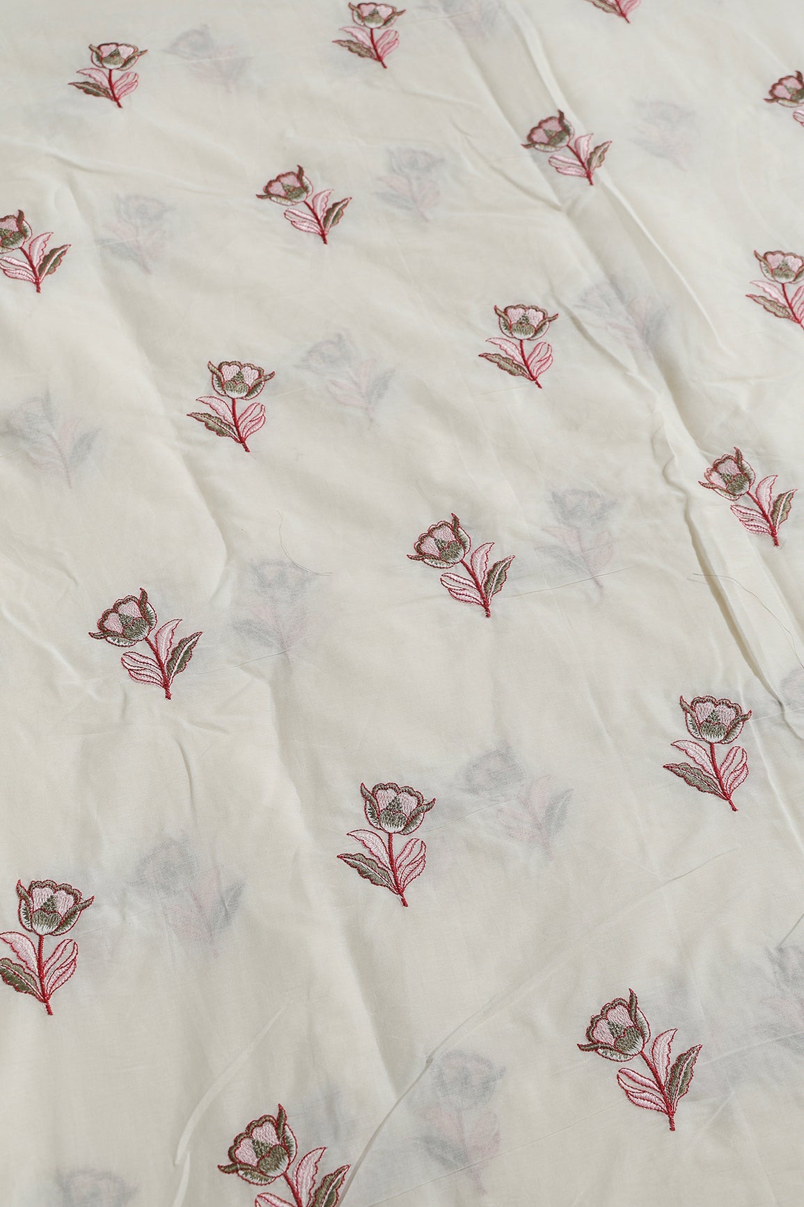 Pink And Olive Thread Beautiful Floral Embroidery Work On Off White Organic Cotton Fabric - doeraa