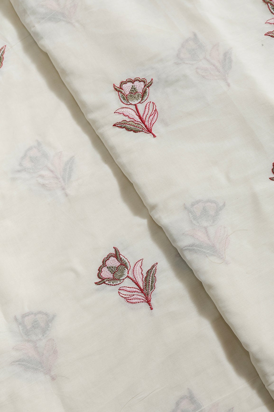 Pink And Olive Thread Beautiful Floral Embroidery Work On Off White Organic Cotton Fabric - doeraa